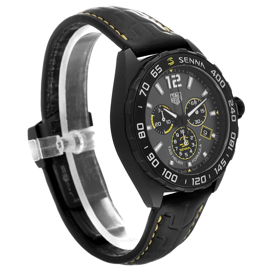 The image shows a front-side view of the Tag Heuer Formula 1 watch, depicting the face, bezel, case, and part of the strap.