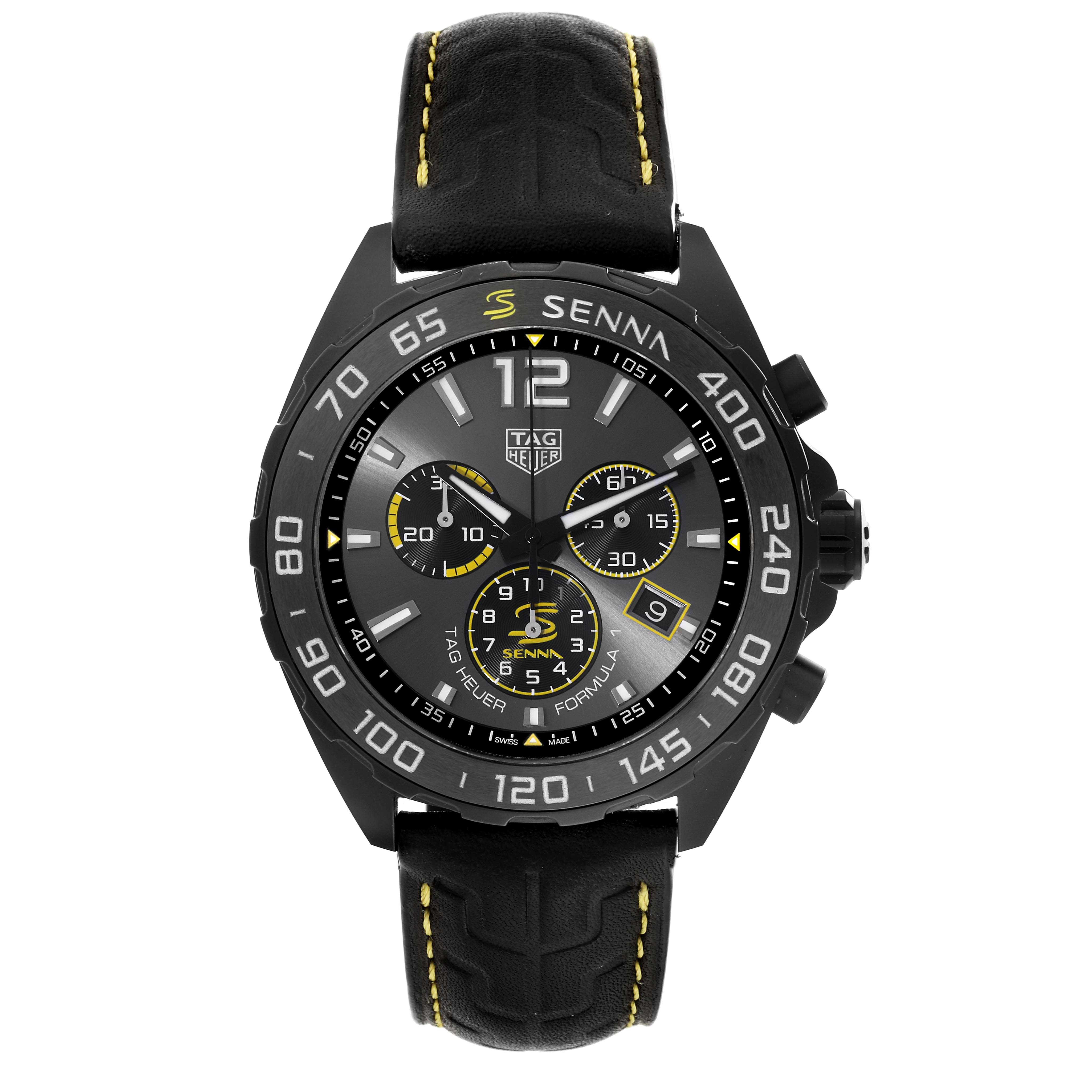 The image shows a front view of the Tag Heuer Formula 1 CAZ101AJ.FC6487 Men's Stainless Steel Green Dial CAZ101AJ.FC6487 Men's Stainless Steel Green Dial watch, highlighting its dial, bezel, strap, and subdials.