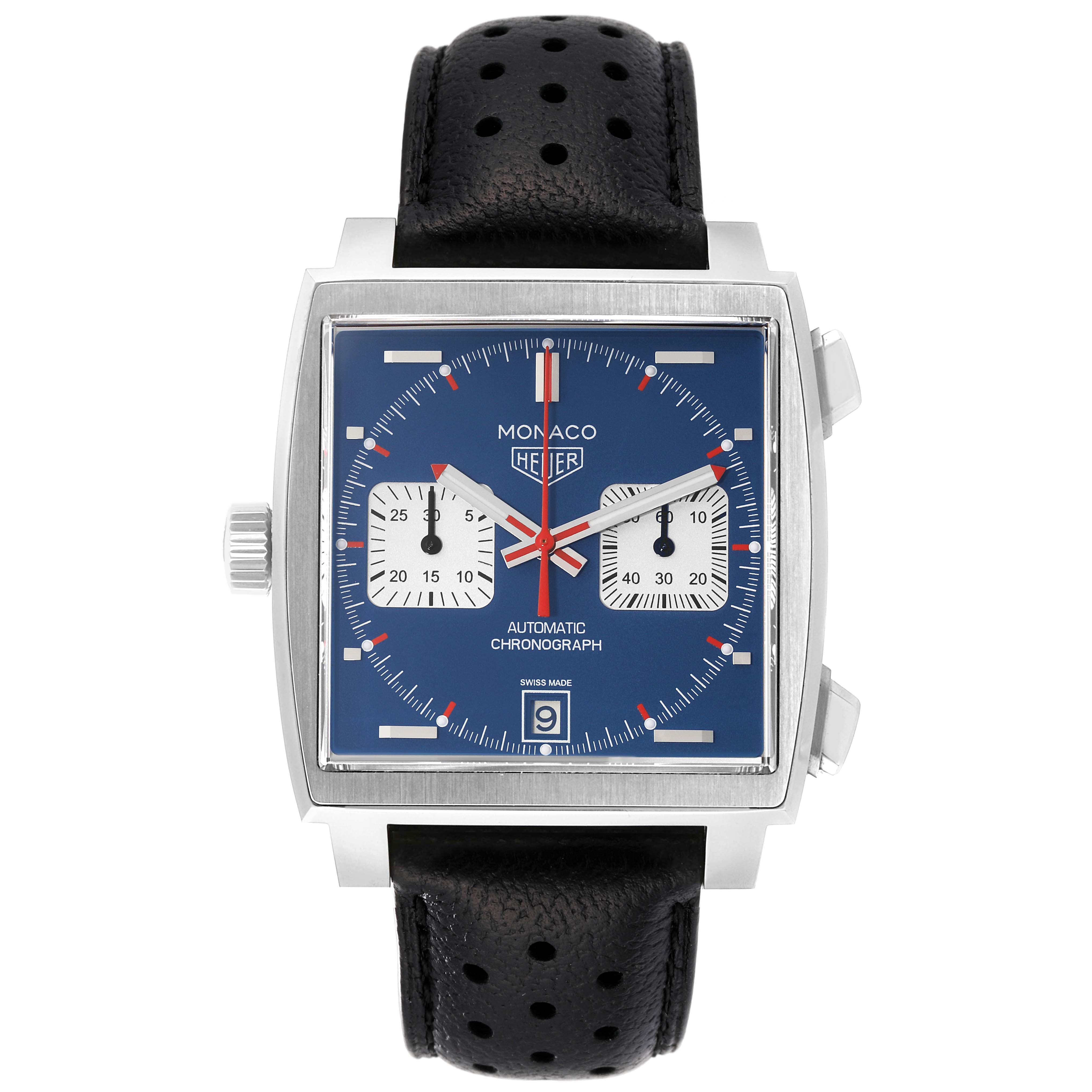 The image shows a frontal view of the Tag Heuer Monaco CAW211P.FC6356 Men's Stainless Steel Blue Dial CAW211P.FC6356 Men's Stainless Steel Blue Dial watch, displaying the face, case, and strap.