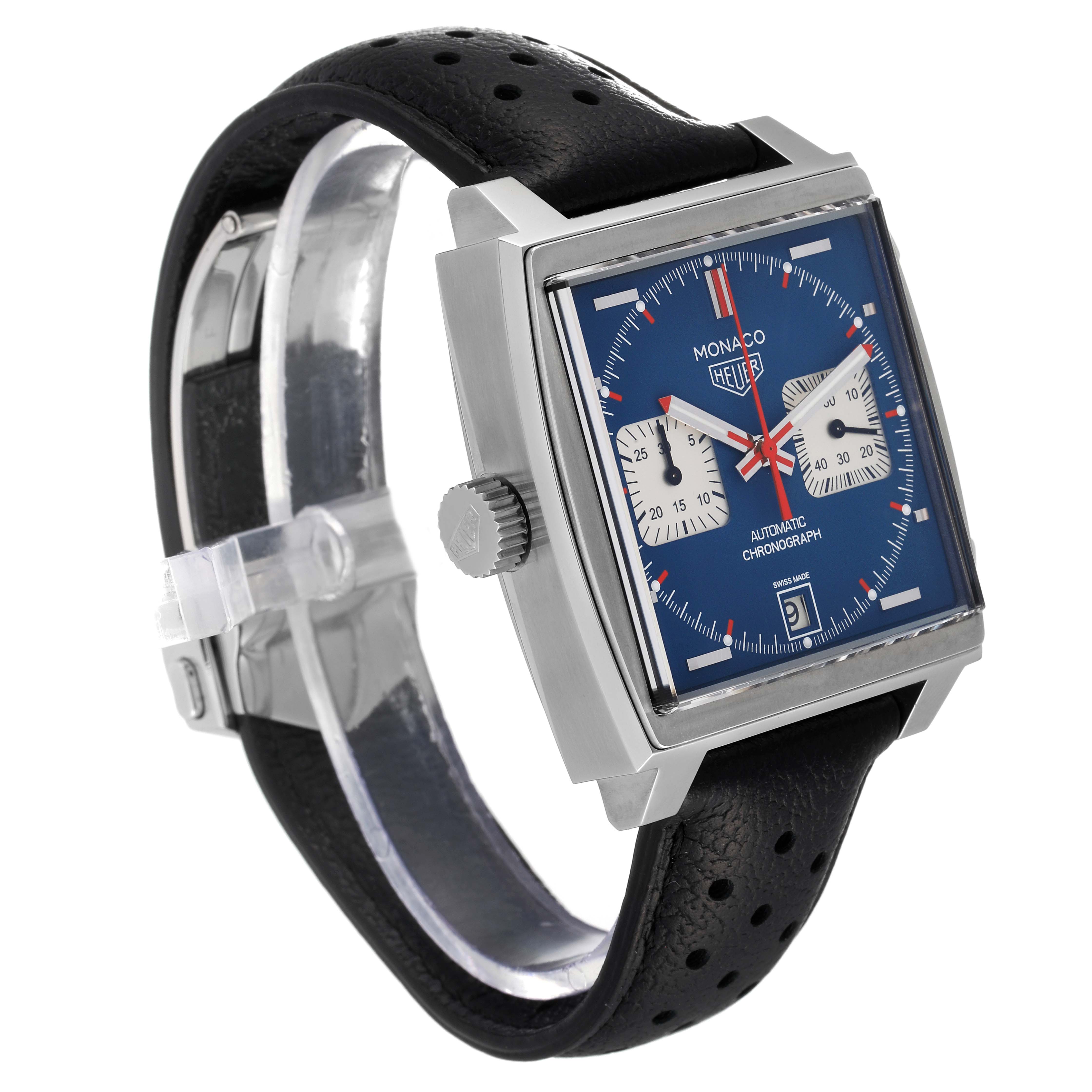 The image shows a side angle of the Tag Heuer Monaco CAW211P.FC6356 Men's Stainless Steel Blue Dial CAW211P.FC6356 Men's Stainless Steel Blue Dial watch, featuring its square face, blue dial, and black perforated strap.