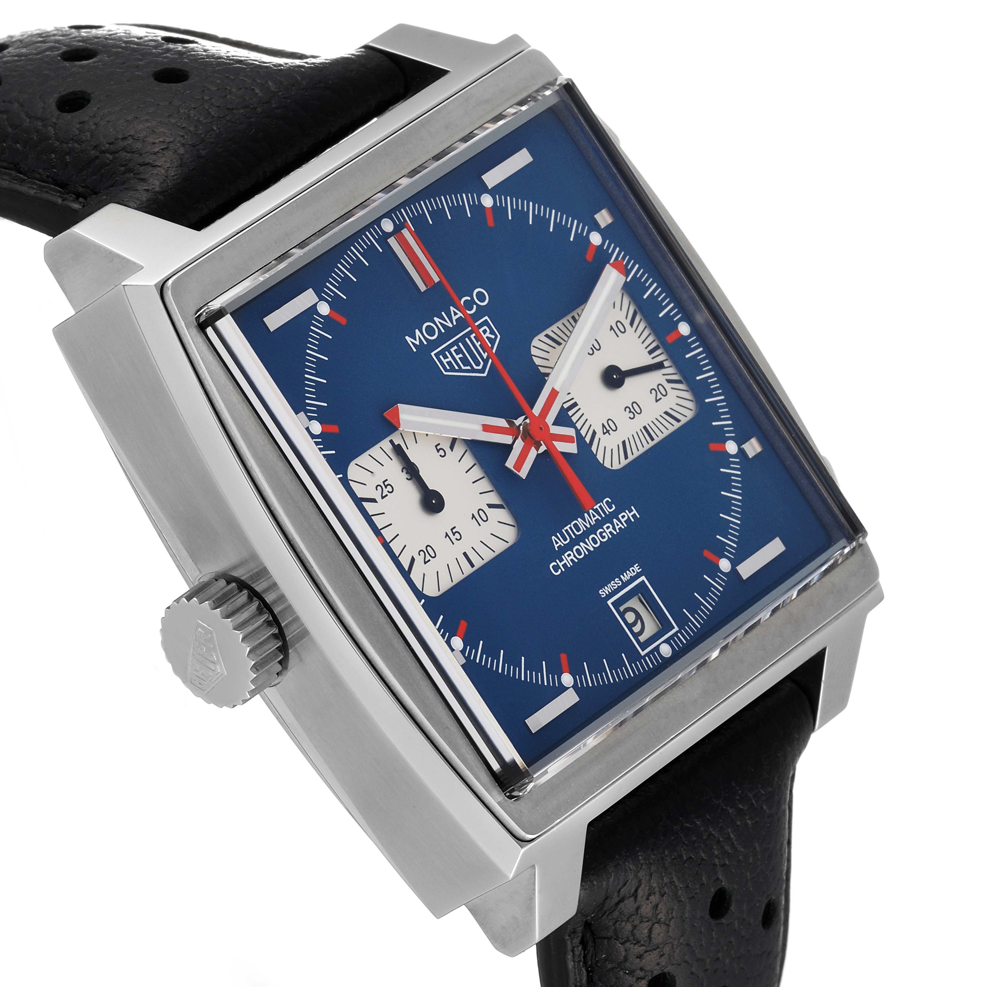The Tag Heuer Monaco CAW211P.FC6356 Men's Stainless Steel Blue Dial CAW211P.FC6356 Men's Stainless Steel Blue Dial watch is shown at a slight side angle, featuring the case, dial, chronograph subdials, and strap.