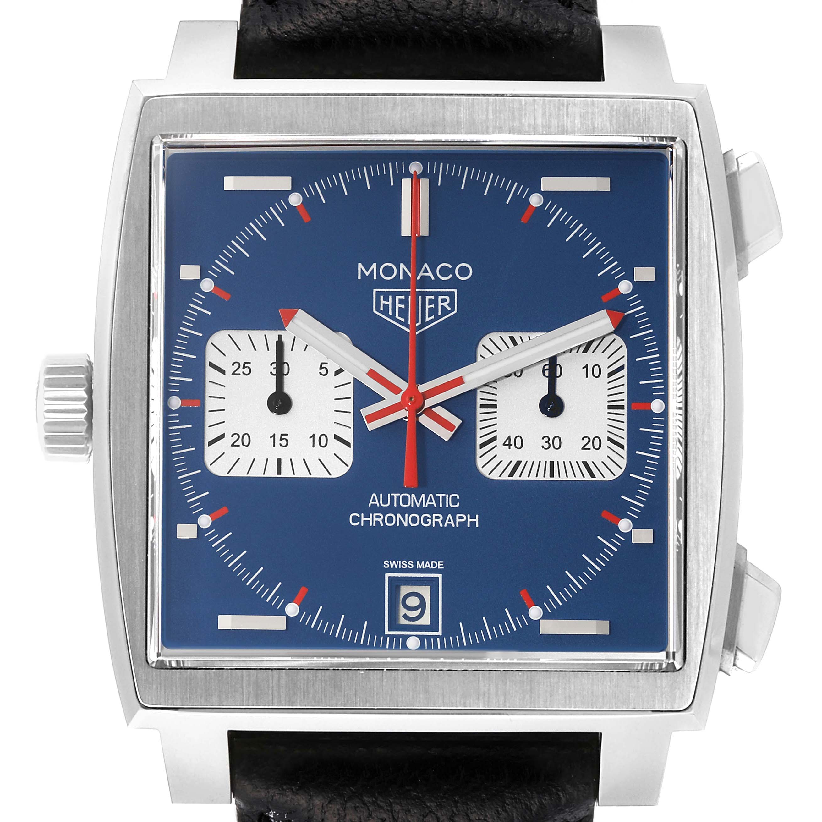 The image shows a front view of the Tag Heuer Monaco CAW211P.FC6356 Men's Stainless Steel Blue Dial CAW211P.FC6356 Men's Stainless Steel Blue Dial watch, highlighting its blue dial, square case, and chronograph features.