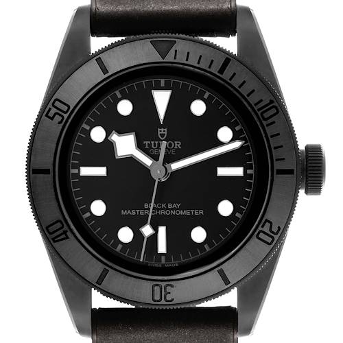 The image shows a front view of a Tudor Heritage Black Bay 79210 Men's Ceramic Black Dial watch, highlighting the dial, bezel, and crown.