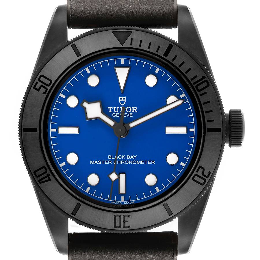 The Tudor Heritage Black Bay 79210 Men's Ceramic Blue Dial watch is shown from the front, highlighting its blue dial, bezel, and crown.