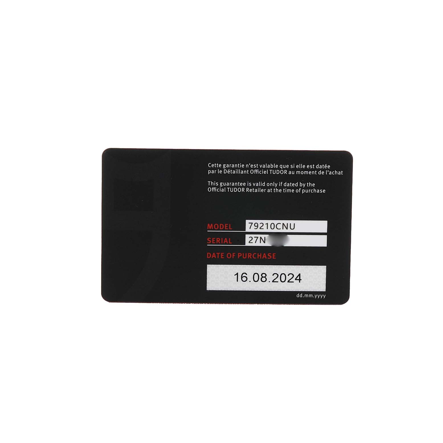 This image shows a warranty card for the Tudor Heritage Black Bay 79210 Men's Ceramic Blue Dial watch model 79210CNU.