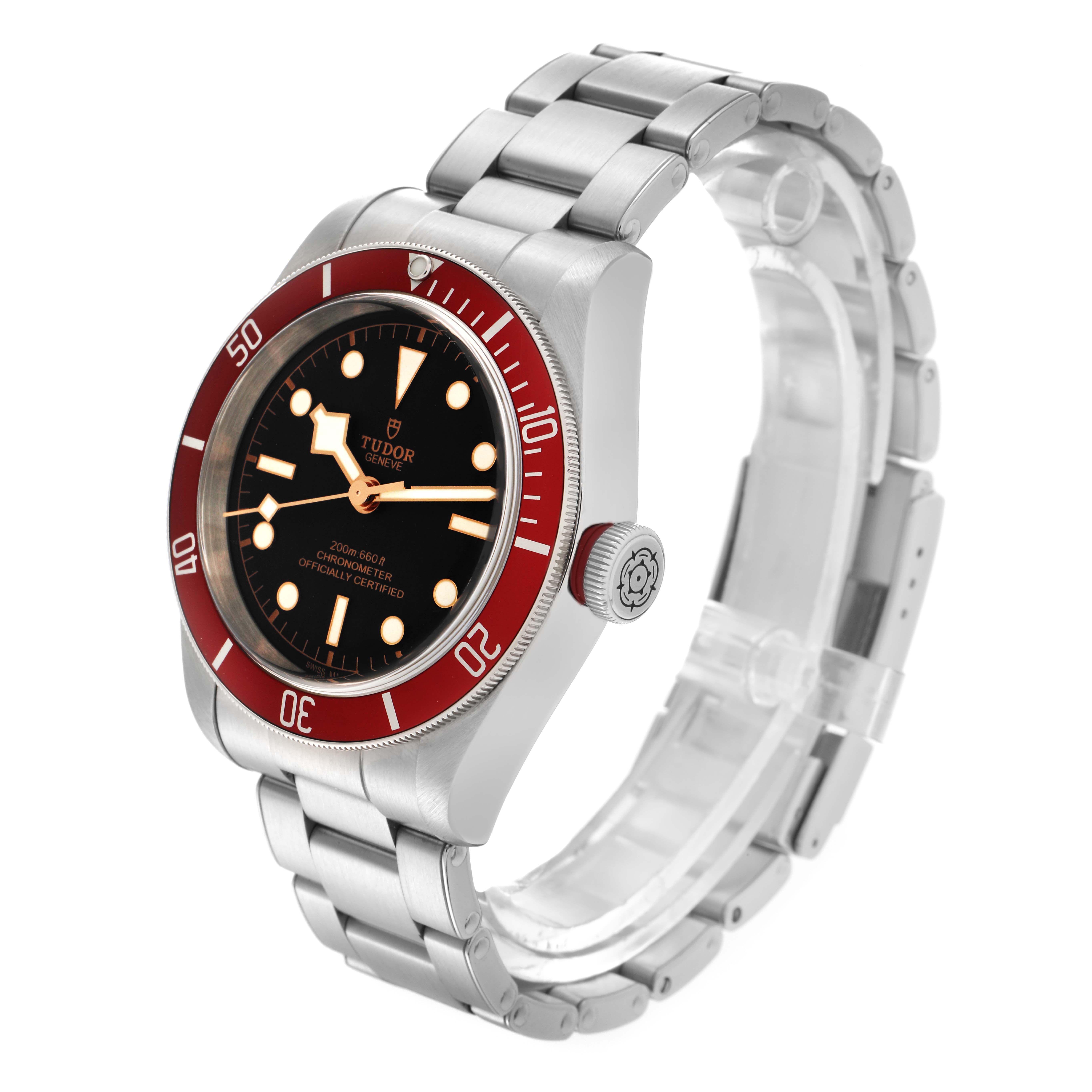 The Tudor Heritage Black Bay 79230R Men's Stainless Steel Black Dial 79230R Men's Stainless Steel Black Dial watch is shown at a three-quarter angle, displaying the face, bezel, crown, and bracelet links.