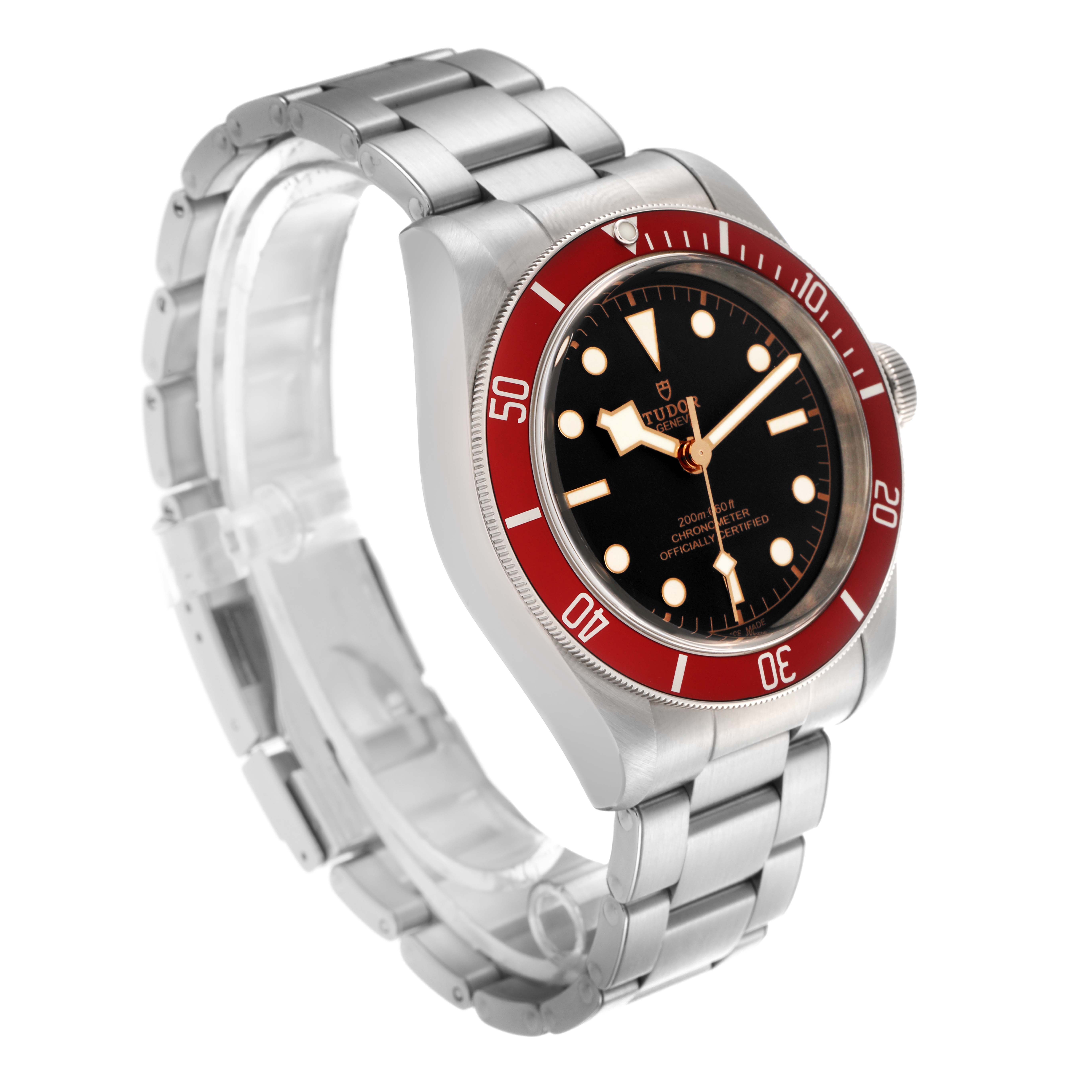 The Tudor Heritage Black Bay 79230R Men's Stainless Steel Black Dial 79230R Men's Stainless Steel Black Dial watch is shown at a three-quarter angle, highlighting its face, bezel, crown, and bracelet.