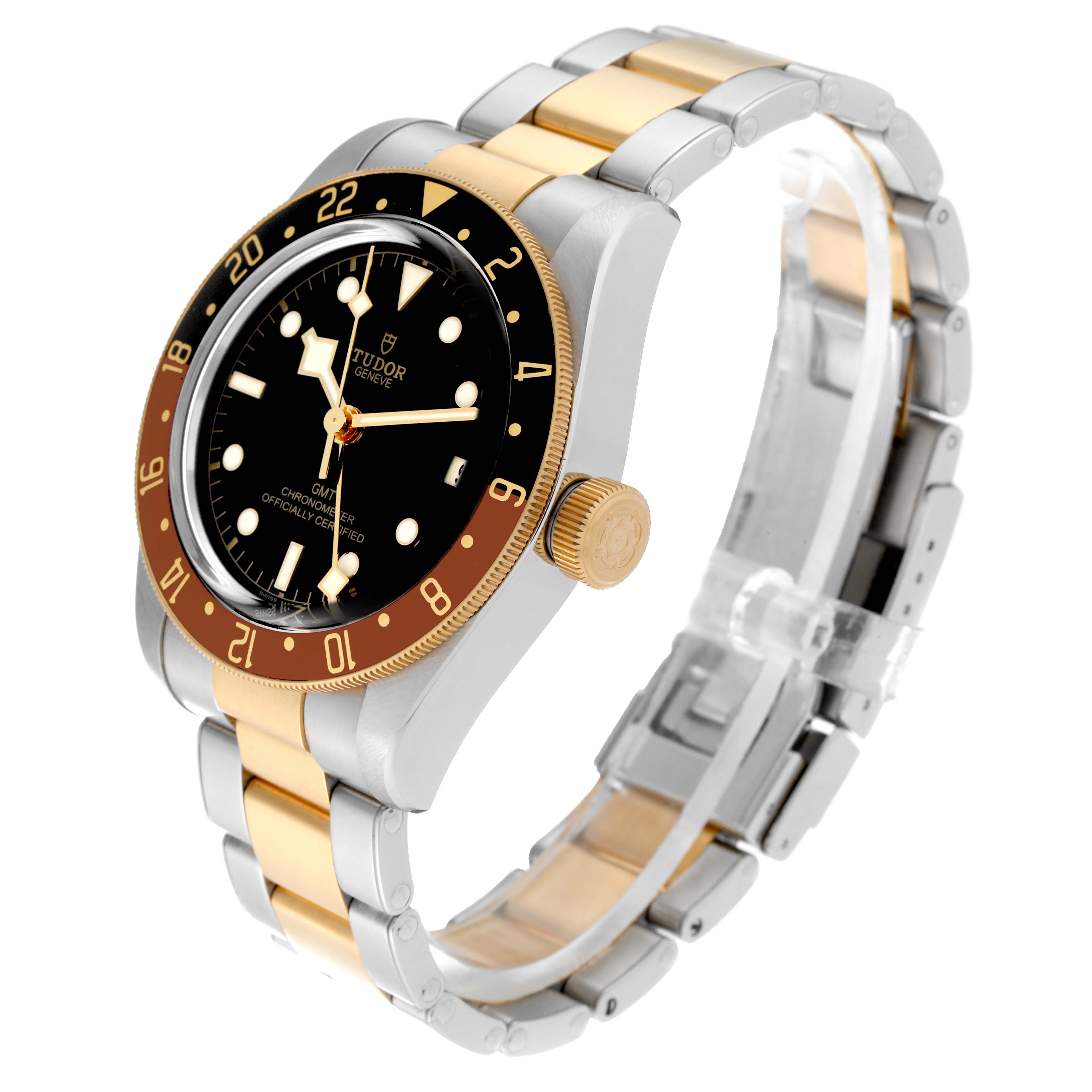 The Tudor Heritage Black Bay 79833MN Men's Steel and Gold (two tone) Black Dial 79833MN Men's Steel and Gold (two tone) Black Dial watch is shown at an angle displaying the face, bezel, crown, and two-tone bracelet.