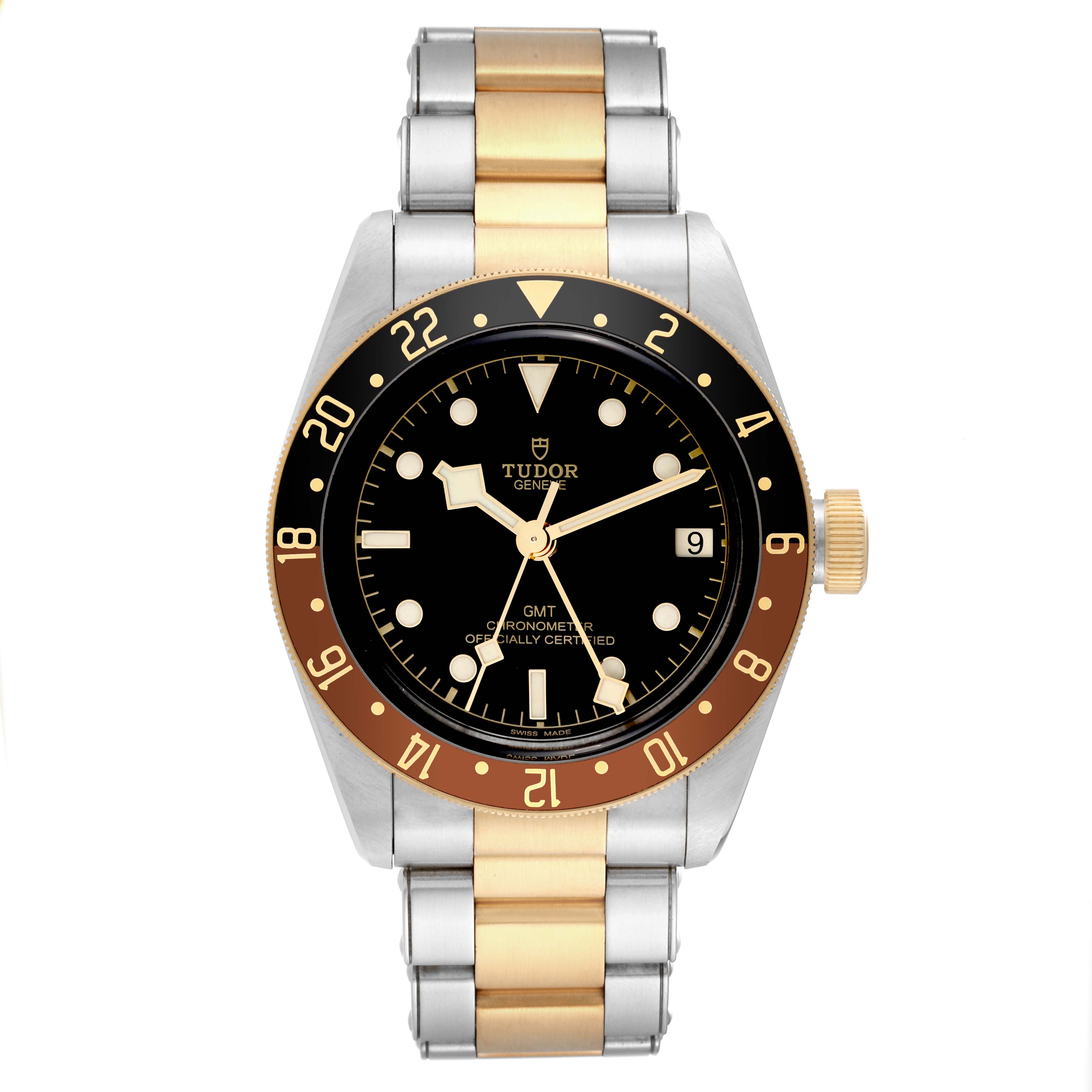 This is a front view of a Tudor Heritage Black Bay 79833MN Men's Steel and Gold (two tone) Black Dial 79833MN Men's Steel and Gold (two tone) Black Dial GMT watch displaying its dial, bezel, crown, and bi-metal bracelet.