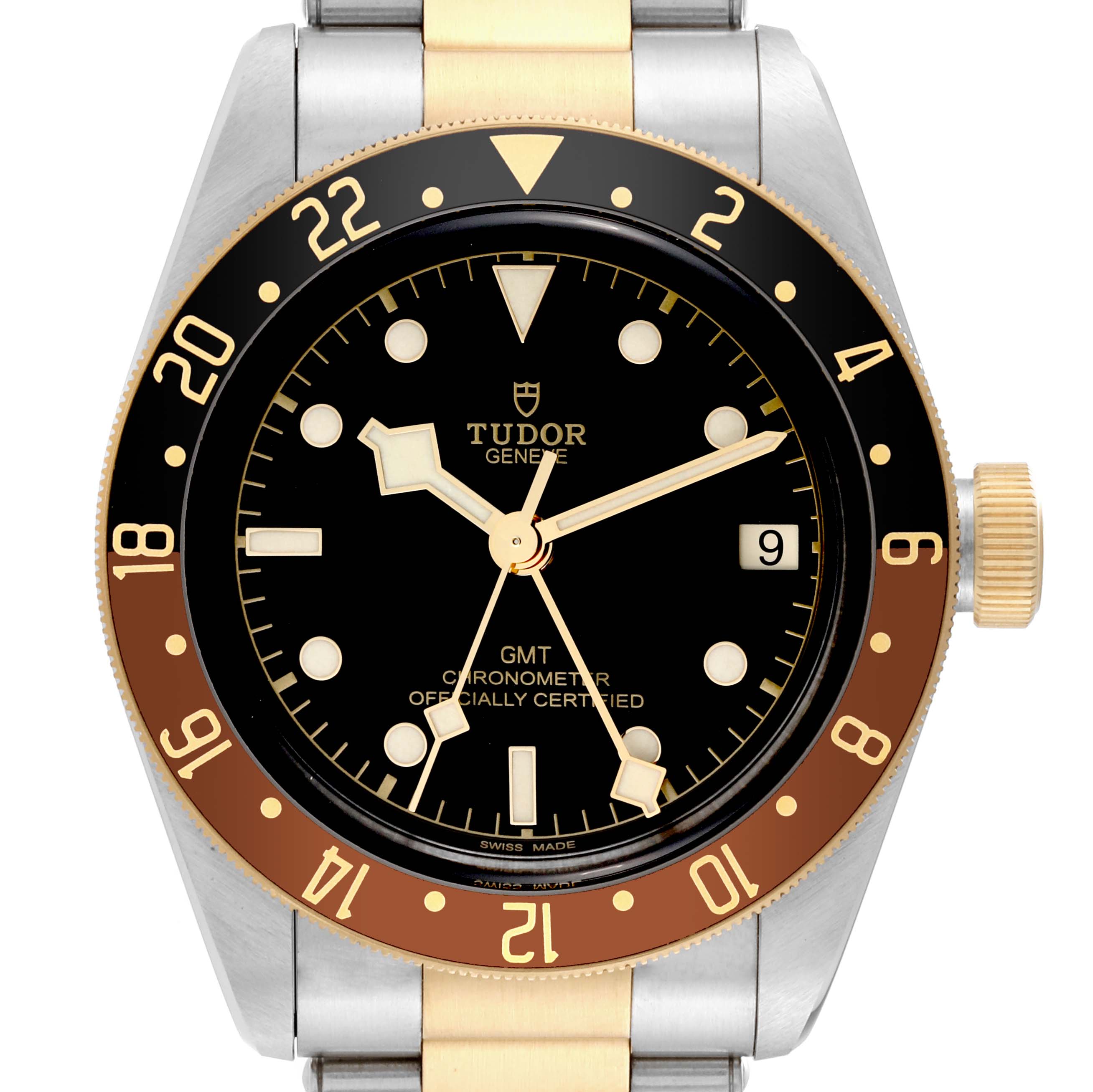 This image shows a front view of the Tudor Heritage Black Bay 79833MN Men's Steel and Gold (two tone) Black Dial 79833MN Men's Steel and Gold (two tone) Black Dial GMT watch, highlighting the dial, bezel, crown, and part of the bracelet.