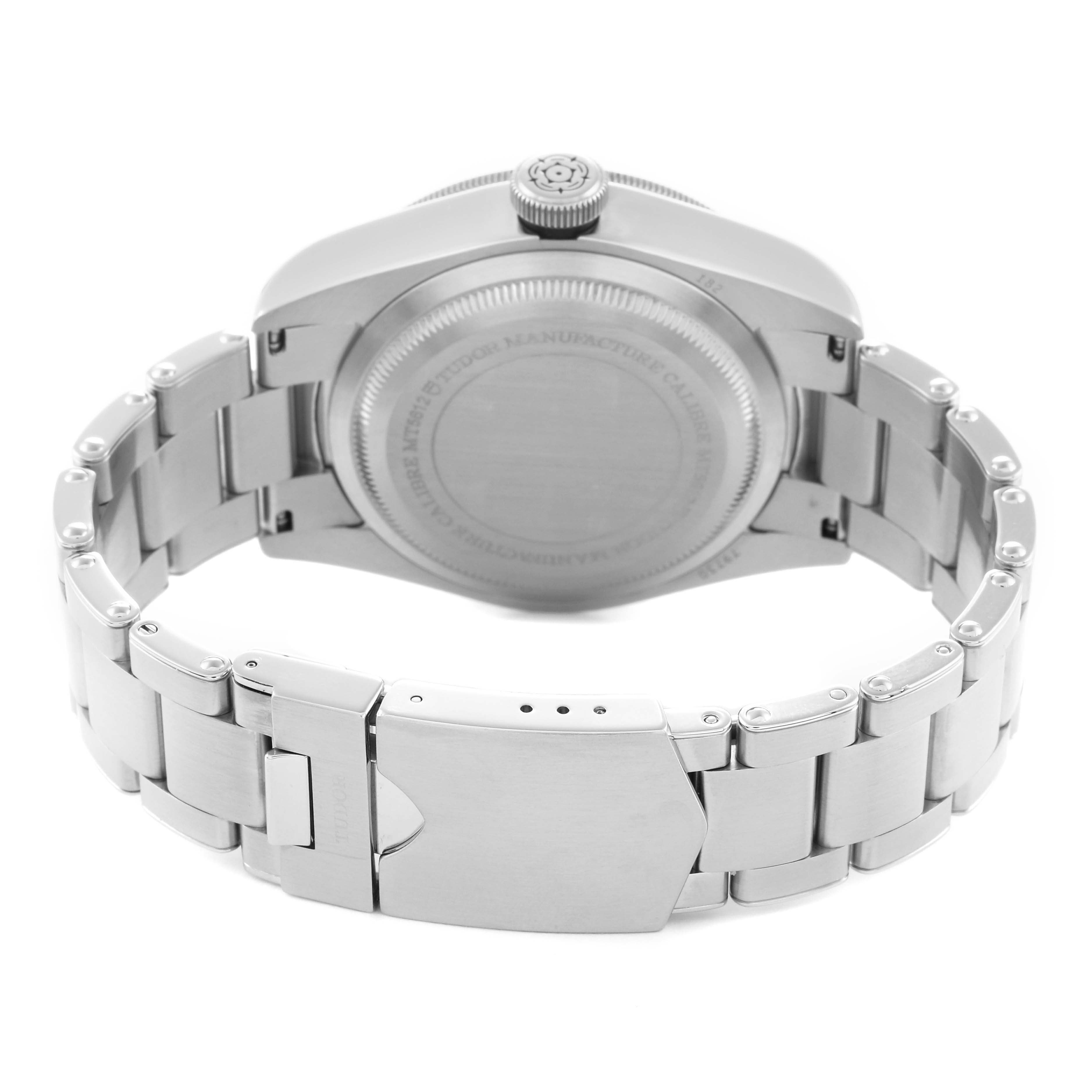 The image shows the back and bracelet of the Tudor Heritage Black Bay 79730 Men's Stainless Steel Black Dial 79730 Men's Stainless Steel Black Dial watch, highlighting the clasp and case back.