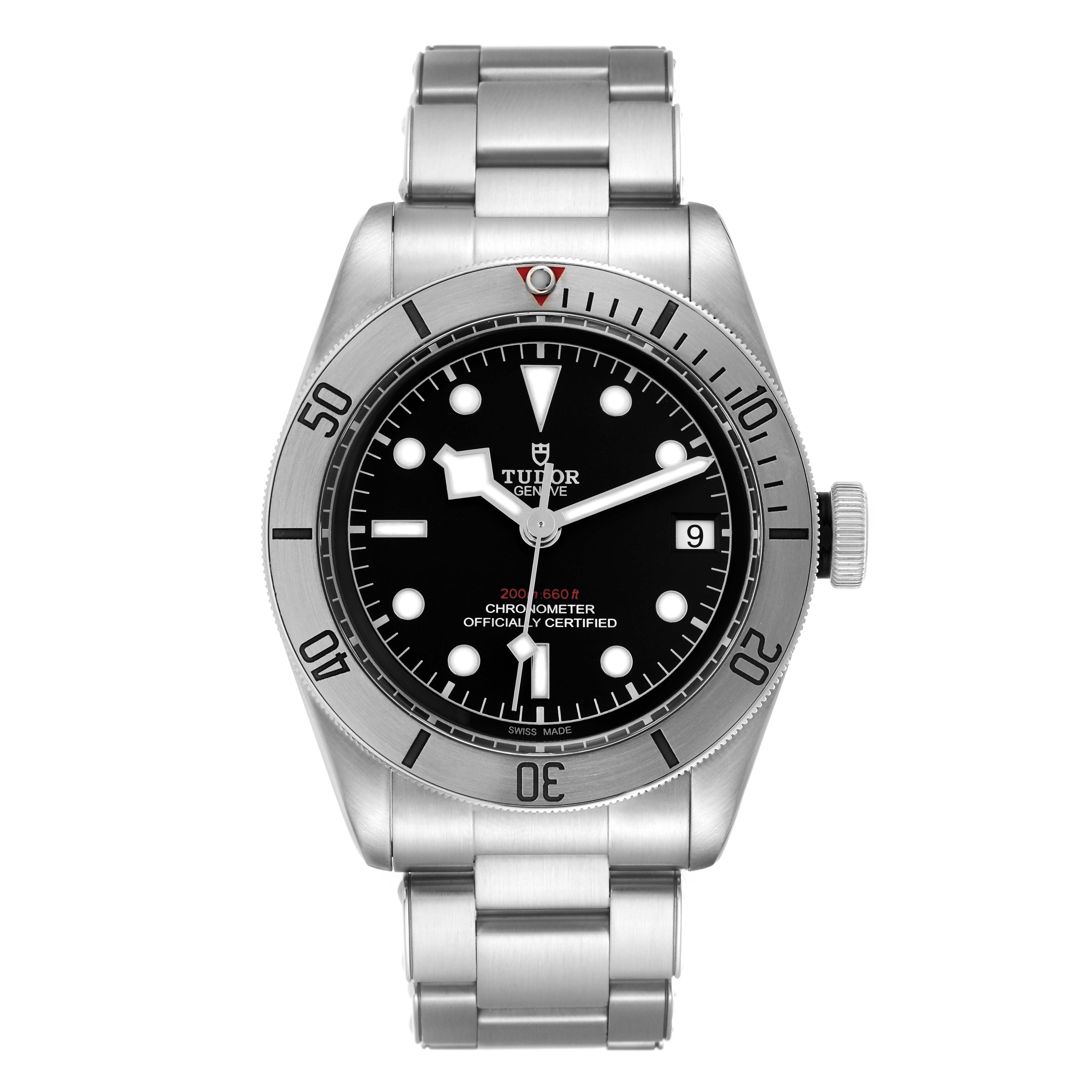 The Tudor Heritage Black Bay 79730 Men's Stainless Steel Black Dial 79730 Men's Stainless Steel Black Dial watch is shown from a front angle, displaying the face, bezel, and stainless steel bracelet.