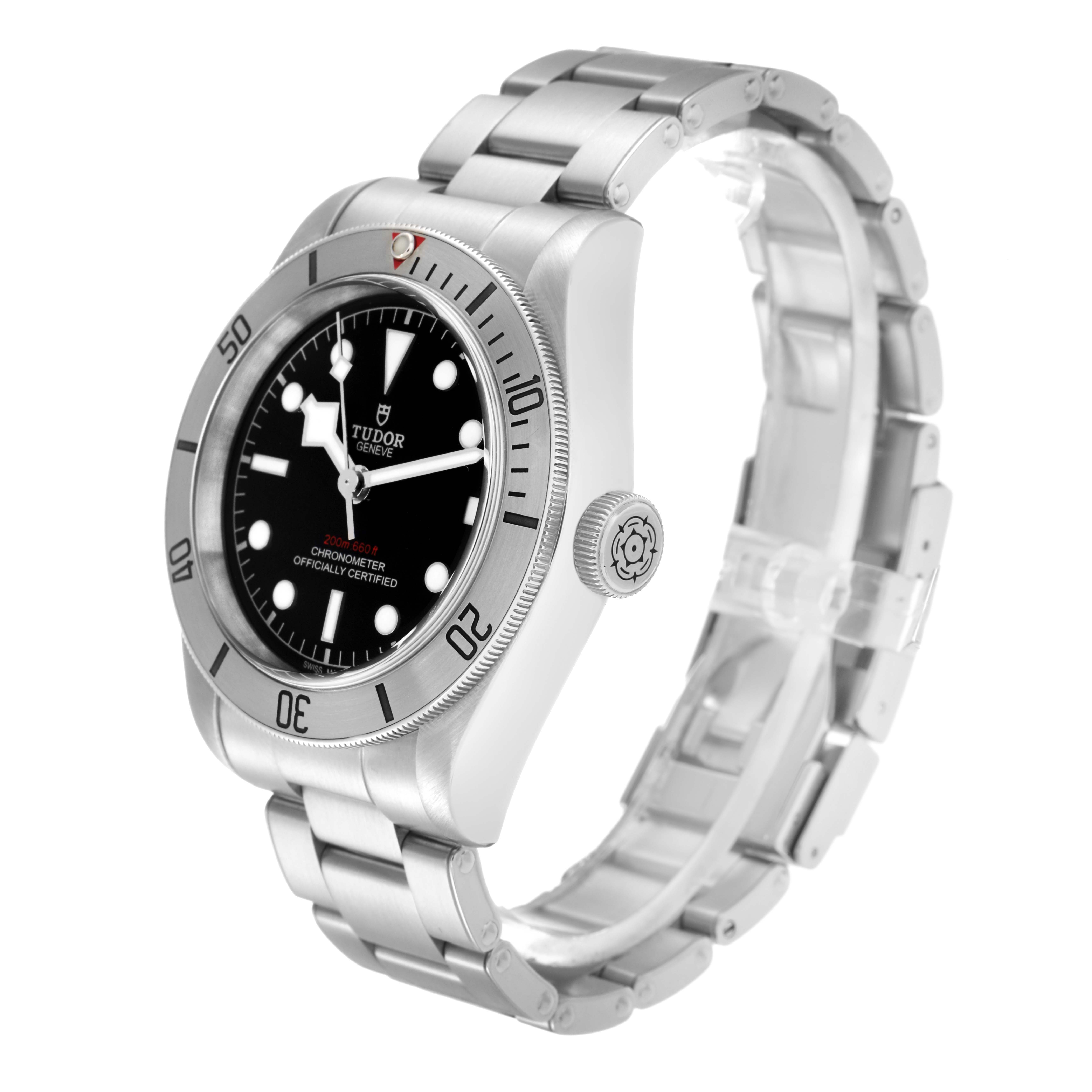 The Tudor Heritage Black Bay 79730 Men's Stainless Steel Black Dial 79730 Men's Stainless Steel Black Dial watch is shown from a side angle highlighting the case, crown, and bracelet.