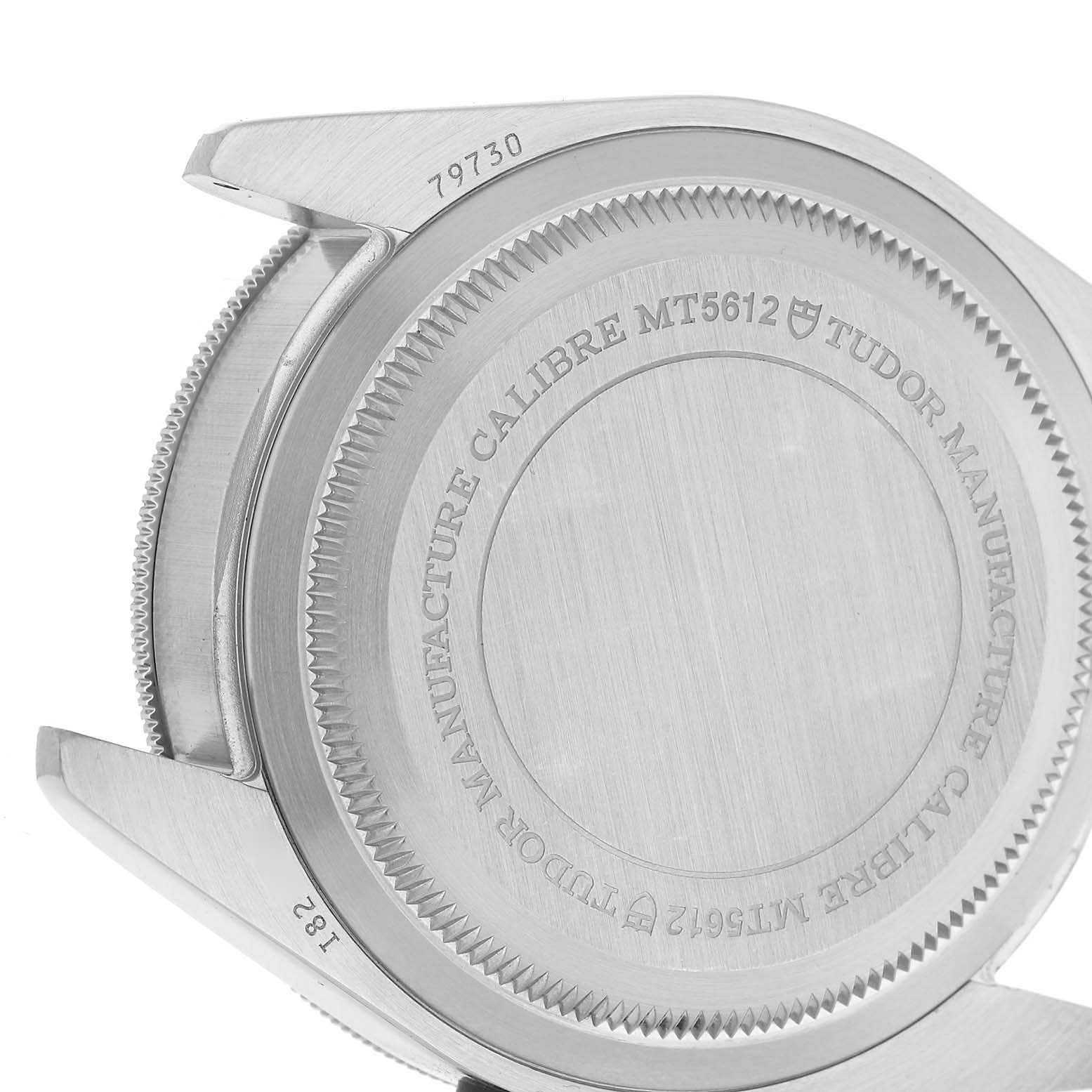 The image shows the back casing of a Tudor Heritage Black Bay 79730 Men's Stainless Steel Black Dial 79730 Men's Stainless Steel Black Dial watch, featuring the model number and caliber engraving.