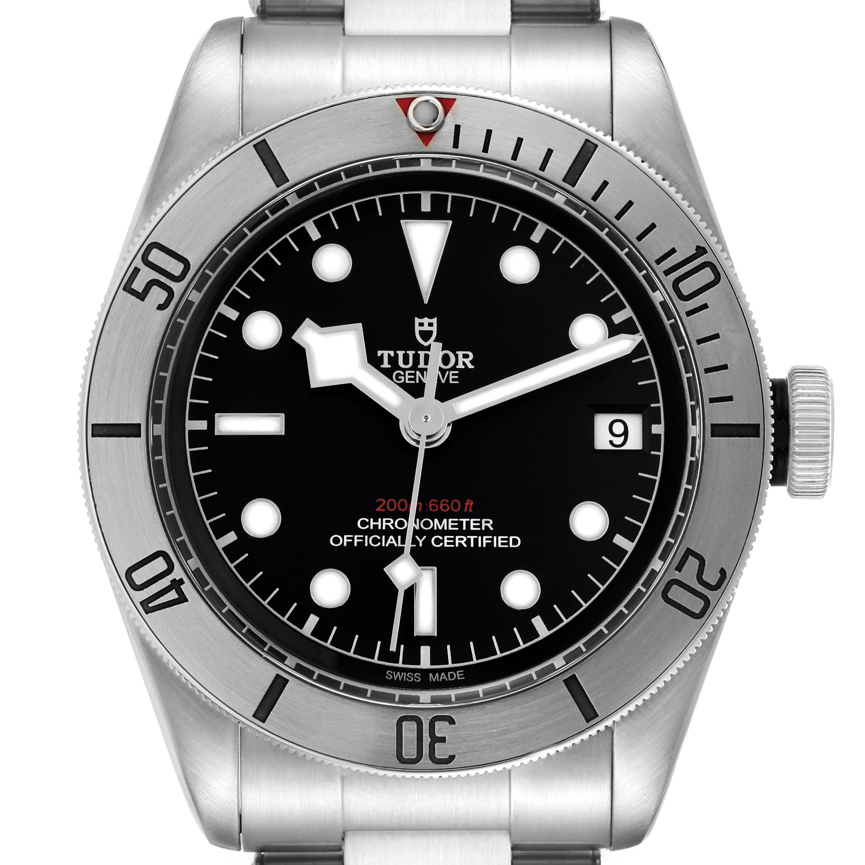 The image shows a front view of the Tudor Heritage Black Bay 79730 Men's Stainless Steel Black Dial 79730 Men's Stainless Steel Black Dial watch, highlighting the dial, bezel, and crown.