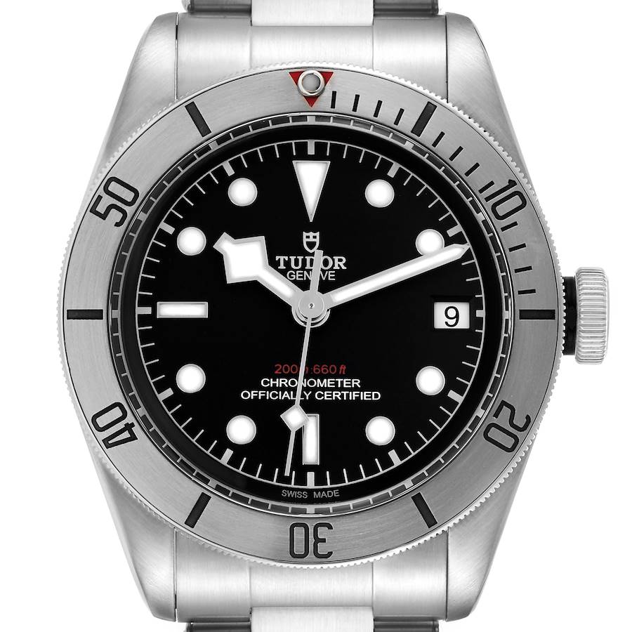 The image shows a front view of the Tudor Heritage Black Bay watch, highlighting the dial, bezel, and crown.