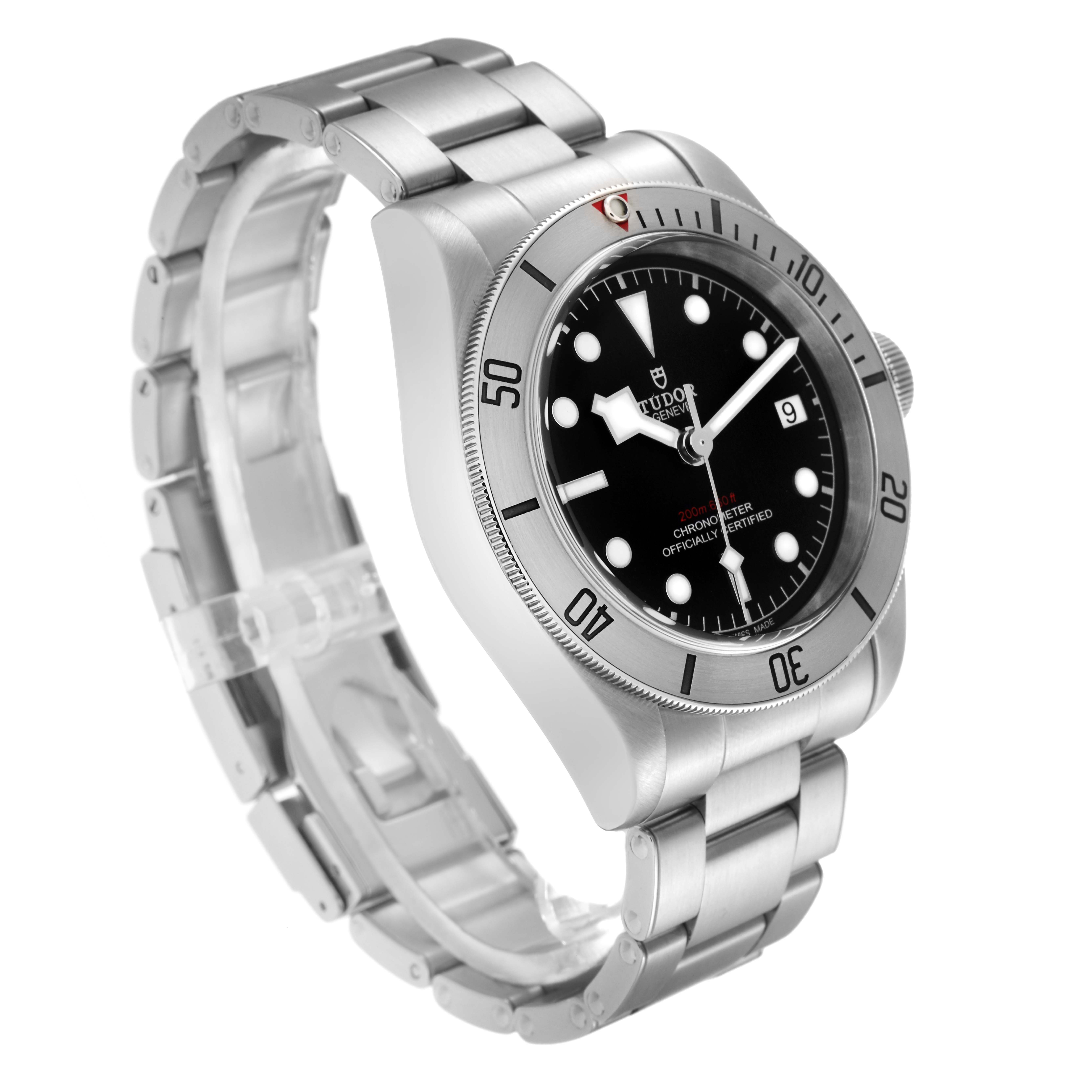 The Tudor Heritage Black Bay 79730 Men's Stainless Steel Black Dial 79730 Men's Stainless Steel Black Dial watch is shown at a three-quarter angle, highlighting the dial, bezel, and metal bracelet.
