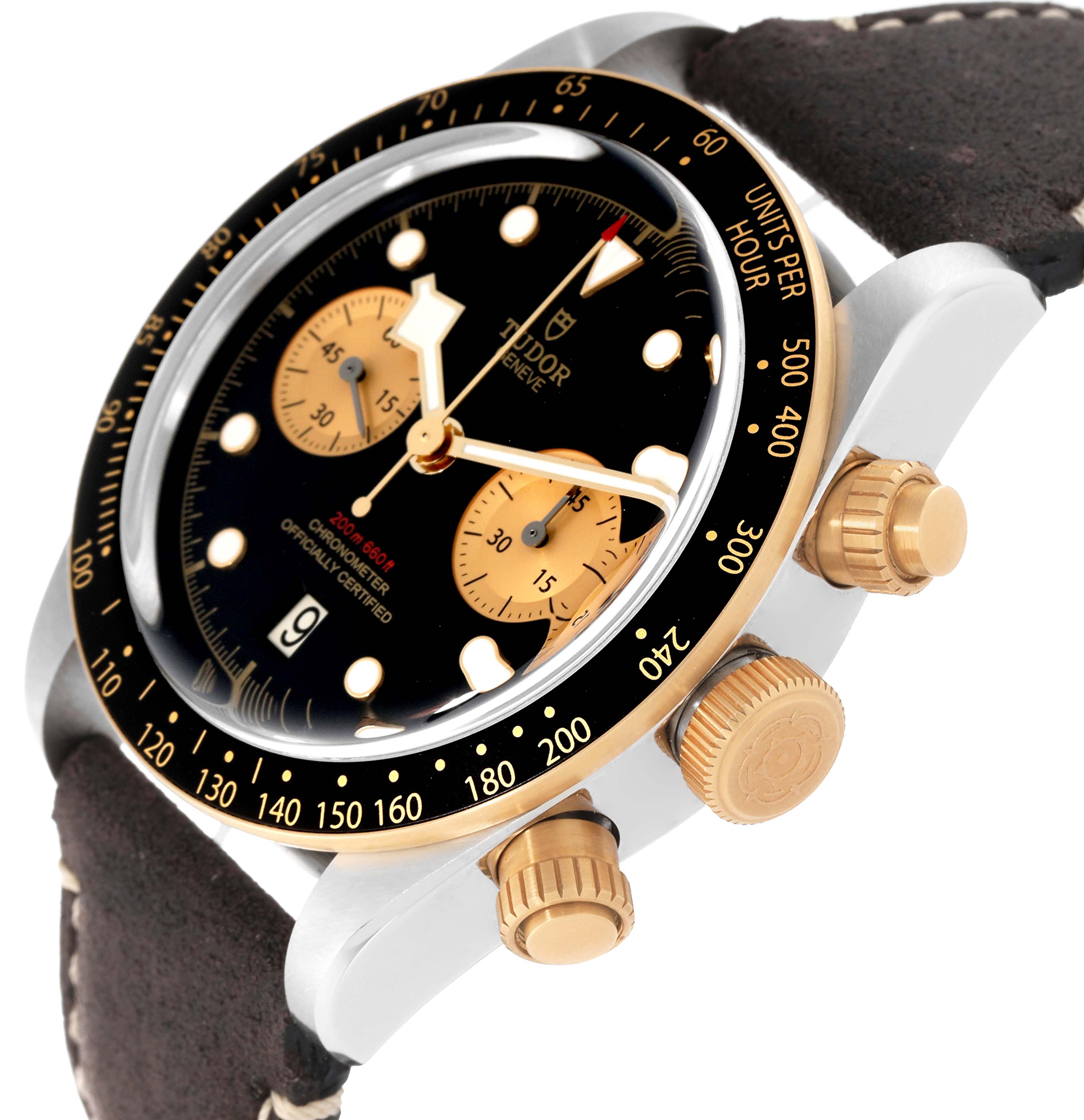 This Tudor Heritage Chrono 79363N Men's Steel and Gold (two tone) Black Dial 79363N Men's Steel and Gold (two tone) Black Dial watch is shown from a side angle, highlighting its dial, bezel, crown, and pushers.