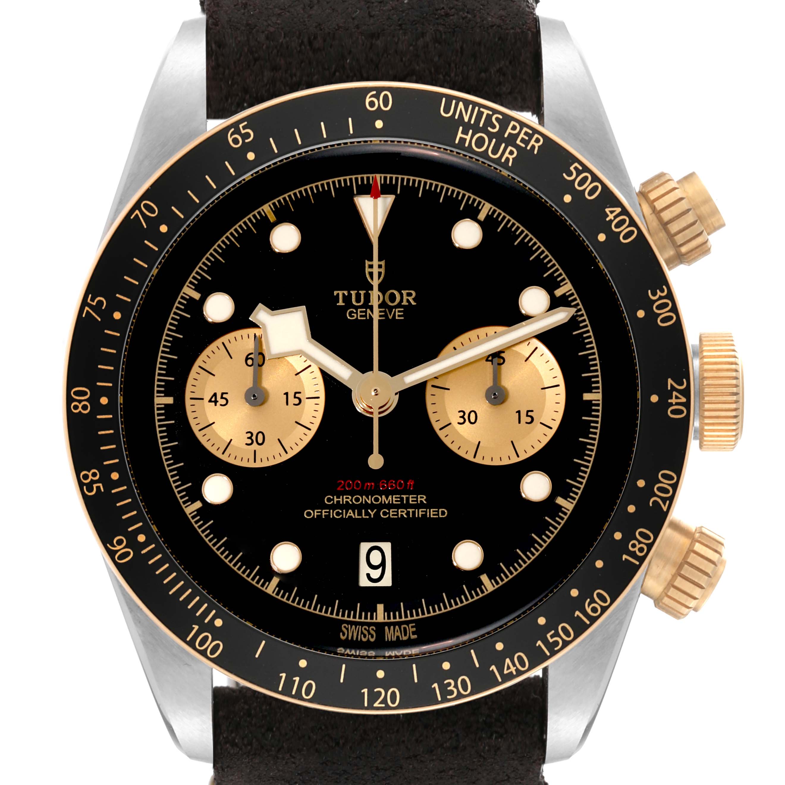 The image shows a front view of the Tudor Heritage Chrono 79363N Men's Steel and Gold (two tone) Black Dial 79363N Men's Steel and Gold (two tone) Black Dial watch, showcasing its dial, bezel, pushers, and crown.