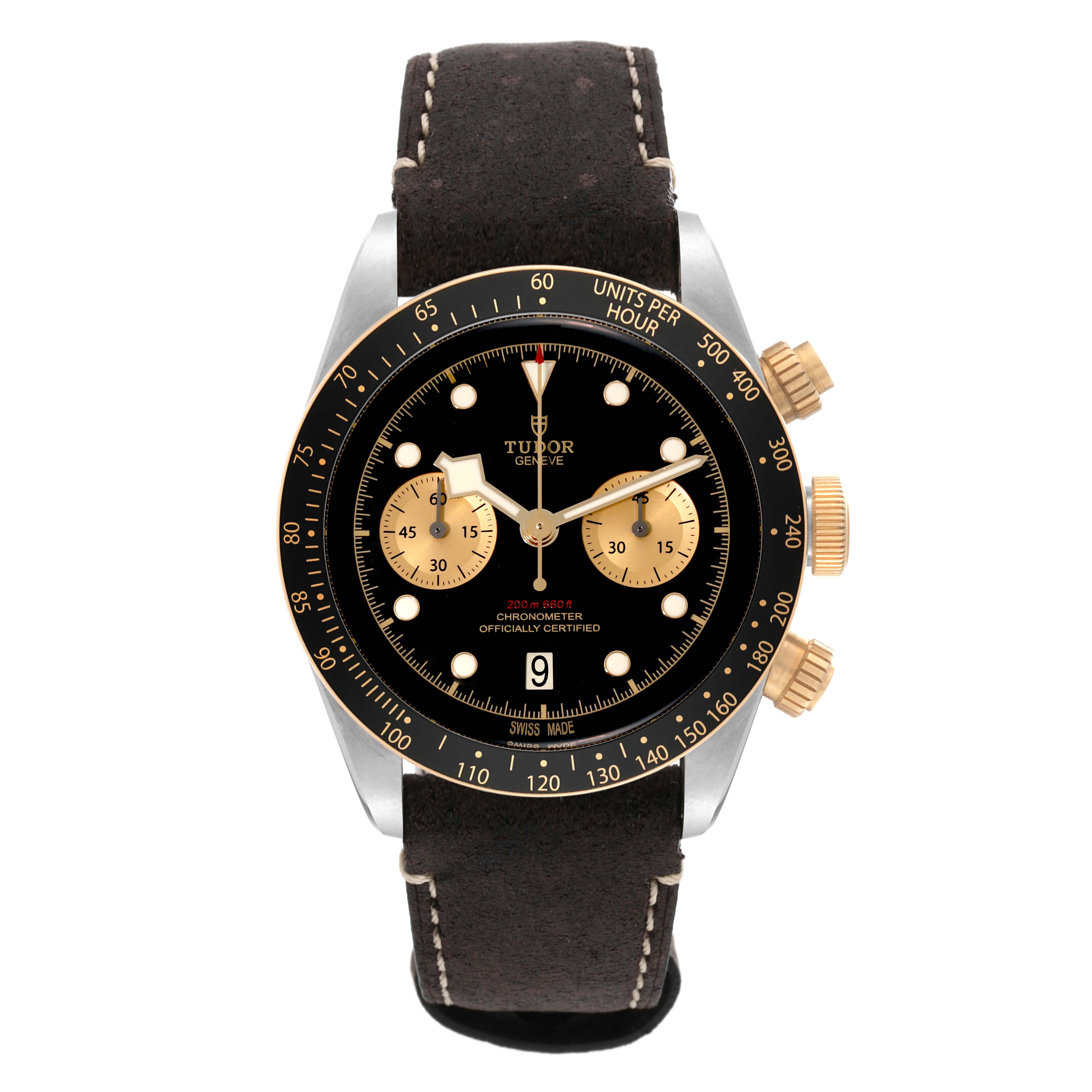 The Tudor Heritage Chrono 79363N Men's Steel and Gold (two tone) Black Dial 79363N Men's Steel and Gold (two tone) Black Dial watch is shown from the front, displaying the dial, bezel, subdials, crown, and pushers.
