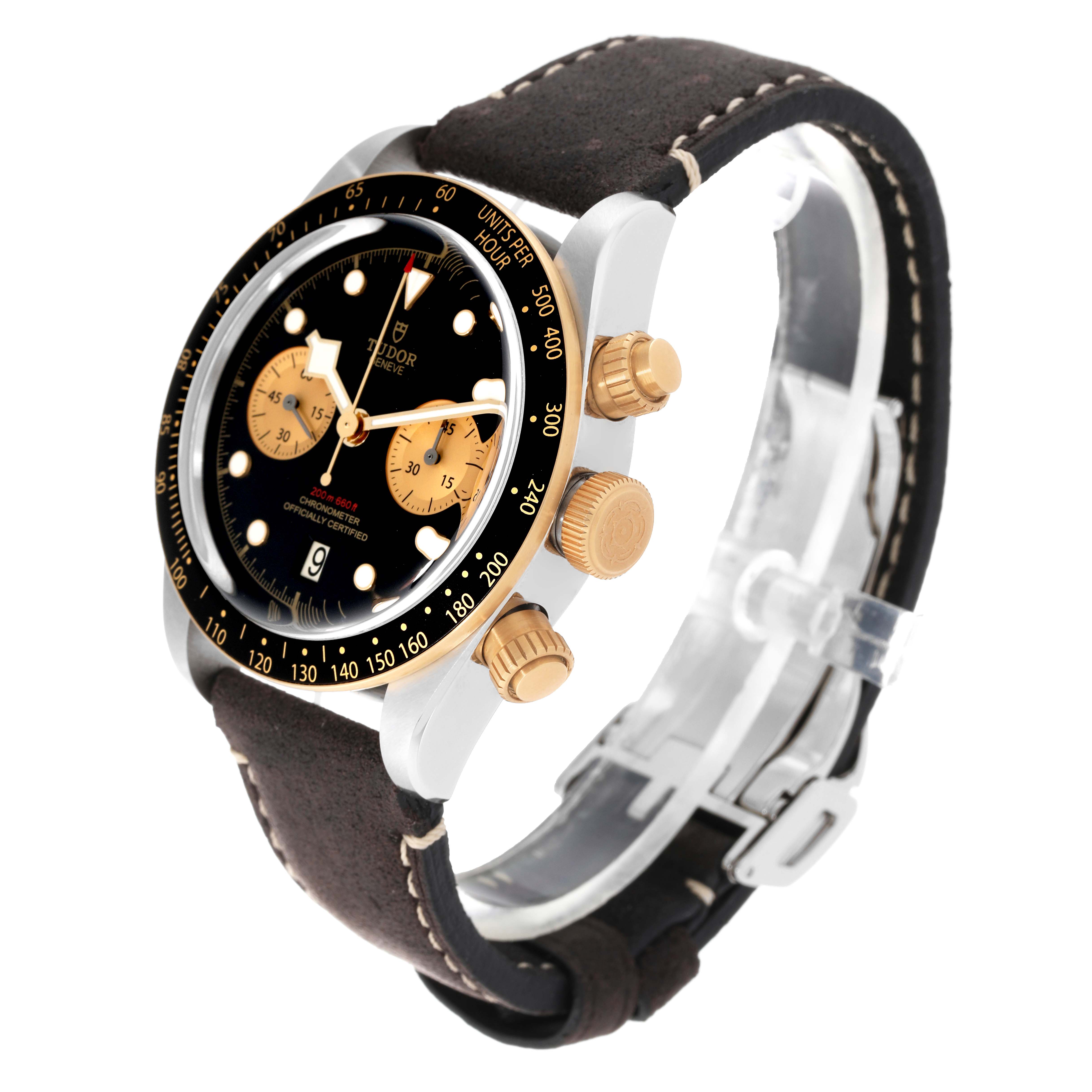 The Tudor Heritage Chrono 79363N Men's Steel and Gold (two tone) Black Dial 79363N Men's Steel and Gold (two tone) Black Dial watch is angled to show the front dial, crown, pushers, and leather strap.