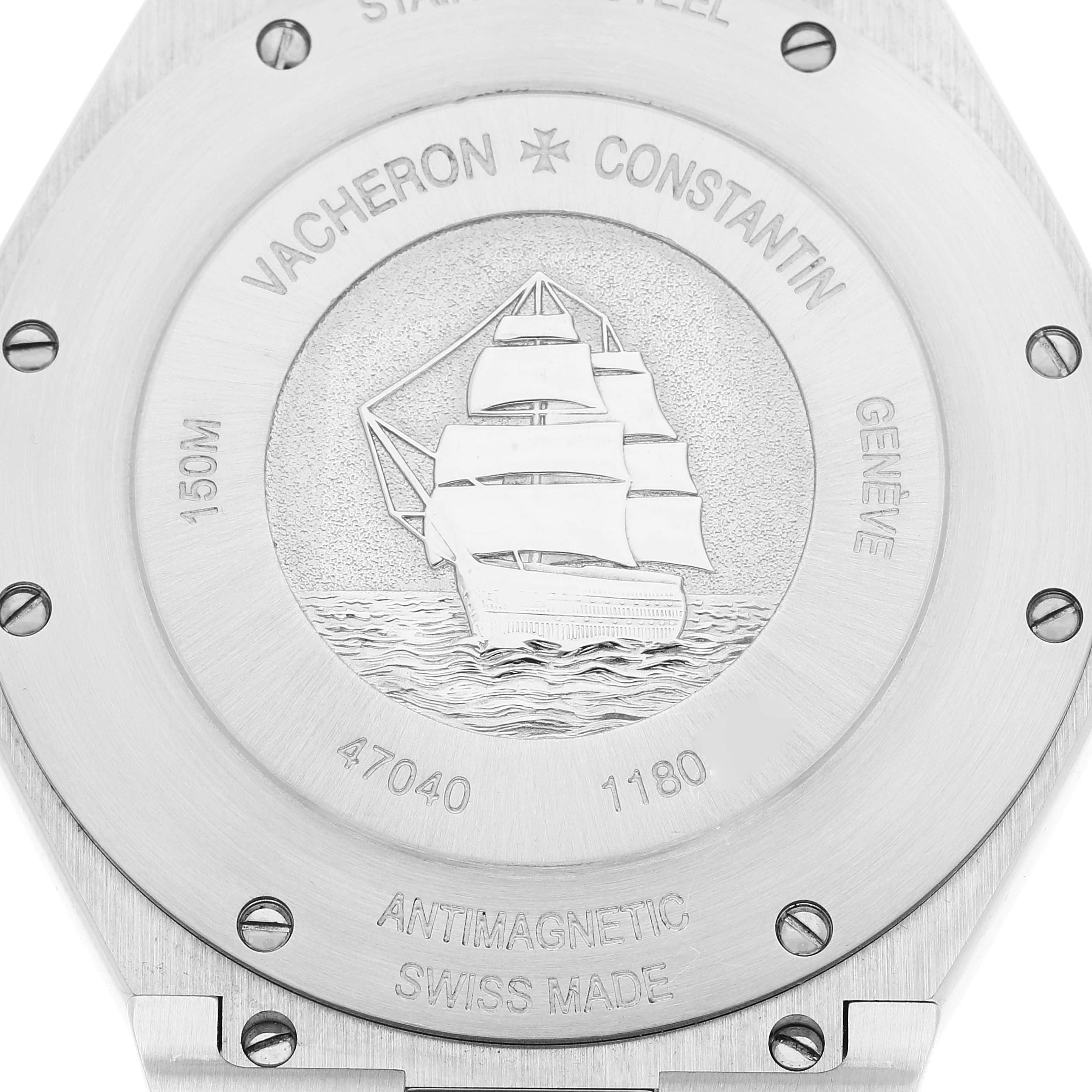 This image shows the back case of a Vacheron Constantin Overseas 47040/B01A-9094 Men's Stainless Steel Black Dial 47040/B01A-9094 Men's Stainless Steel Black Dial watch, featuring the engraved ship design.