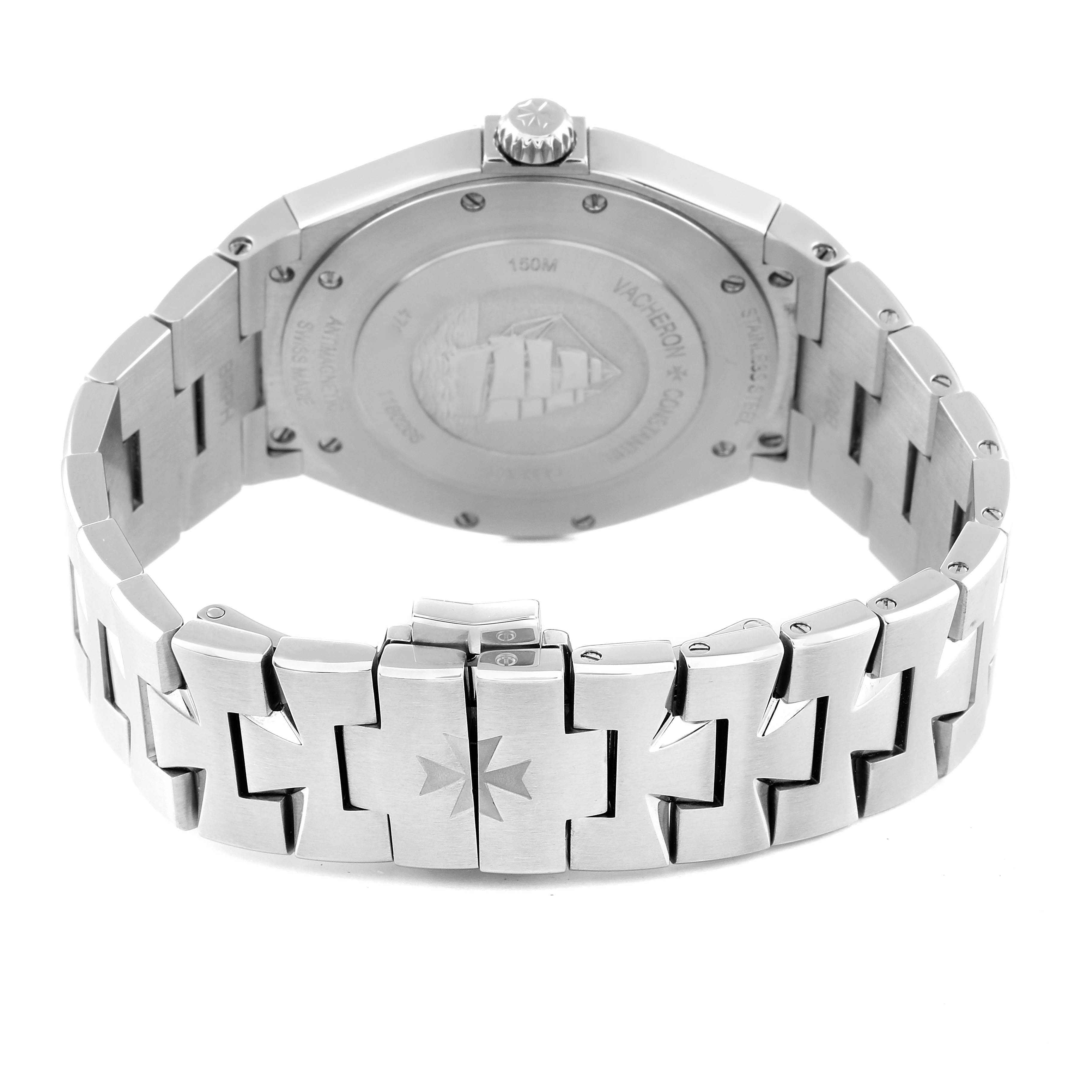 The image shows the back view of the Vacheron Constantin Overseas 47040/B01A-9094 Men's Stainless Steel Black Dial 47040/B01A-9094 Men's Stainless Steel Black Dial watch, highlighting its bracelet and clasp.