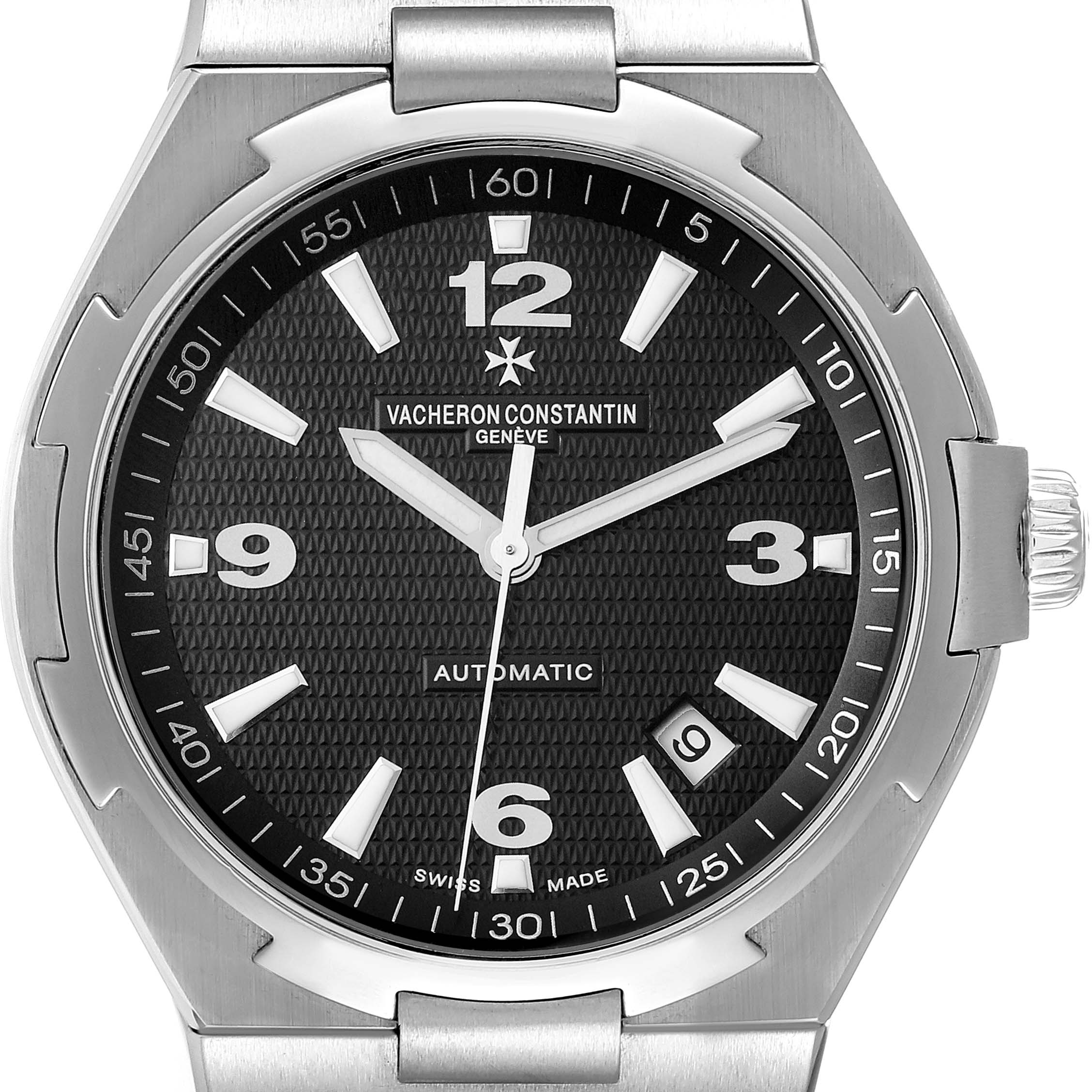 The image shows a close-up of the dial and bezel of a Vacheron Constantin Overseas 47040/B01A-9094 Men's Stainless Steel Black Dial 47040/B01A-9094 Men's Stainless Steel Black Dial watch.