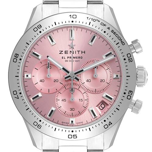 The image shows a frontal view of the Zenith El Primero 03.3109.3600/18.M3100 Men's Stainless Steel Pink Dial watch, highlighting its pink dial, sub-dials, and stainless steel case.