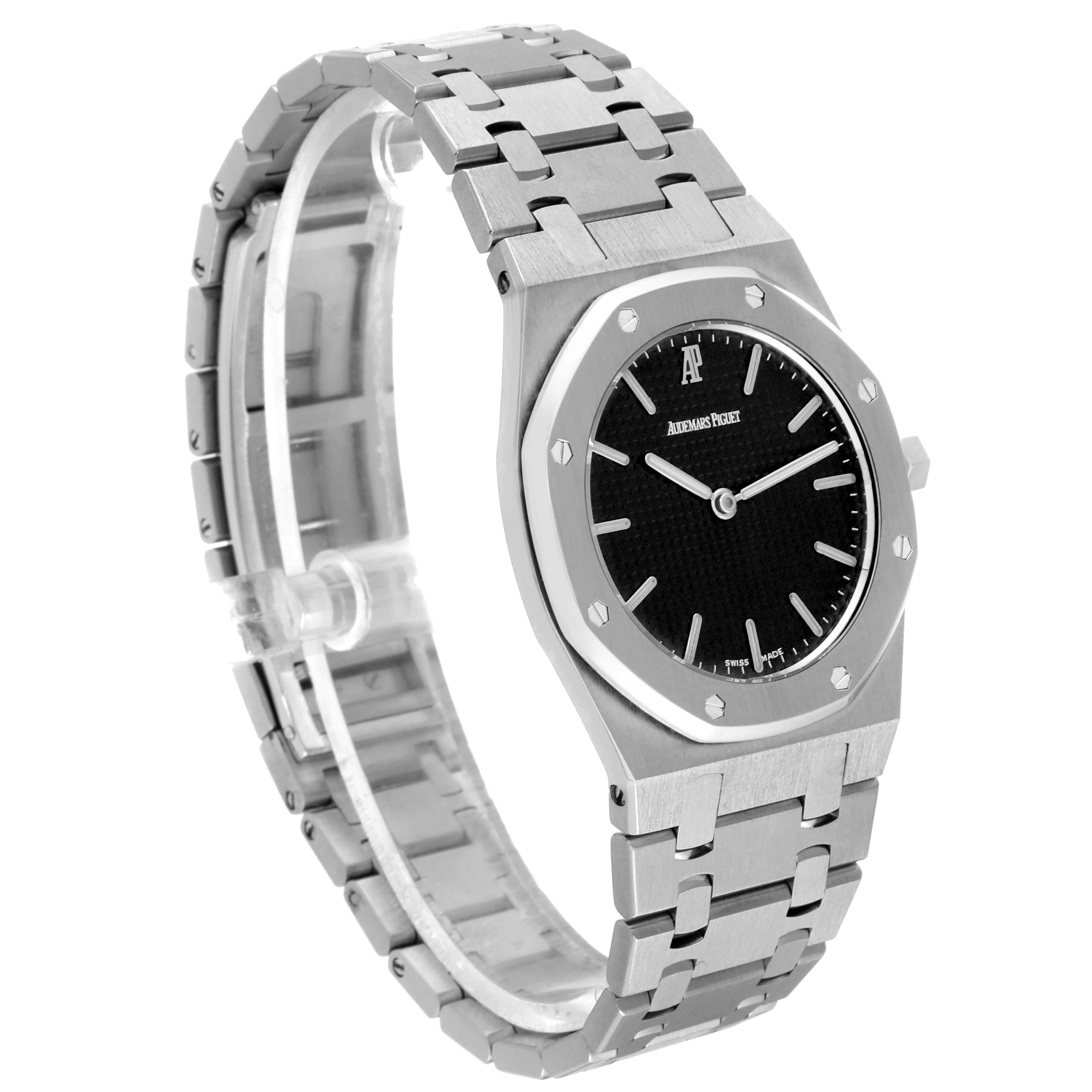 The image shows a side angle view of the Audemars Piguet Royal Oak 56303ST.OO.0789ST Men's Stainless Steel Black Dial 56303ST.OO.0789ST Men's Stainless Steel Black Dial watch, displaying its bracelet, case, and black dial.