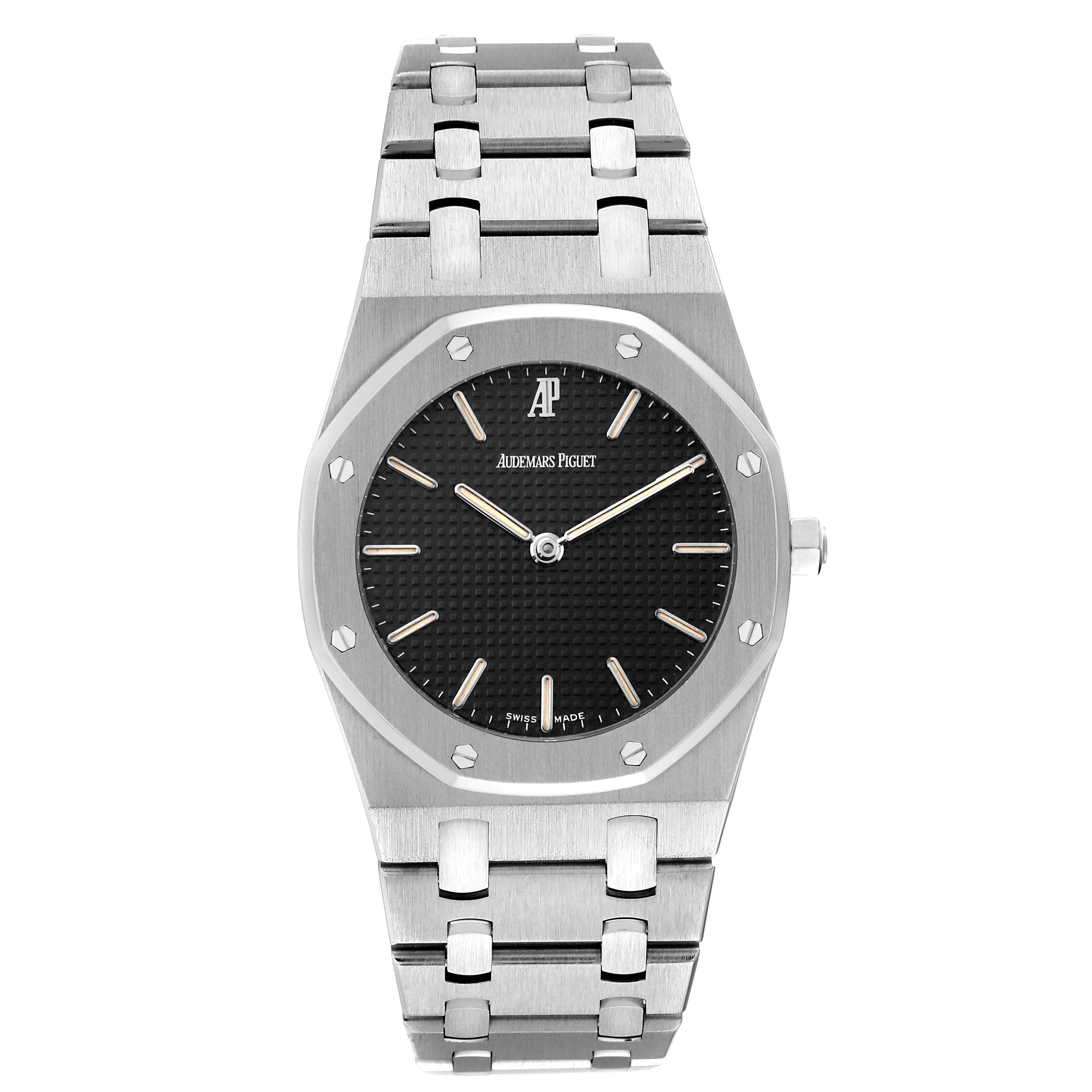 The image shows a front view of the Audemars Piguet Royal Oak 56303ST.OO.0789ST Men's Stainless Steel Black Dial 56303ST.OO.0789ST Men's Stainless Steel Black Dial watch, displaying its face, bezel, and bracelet.