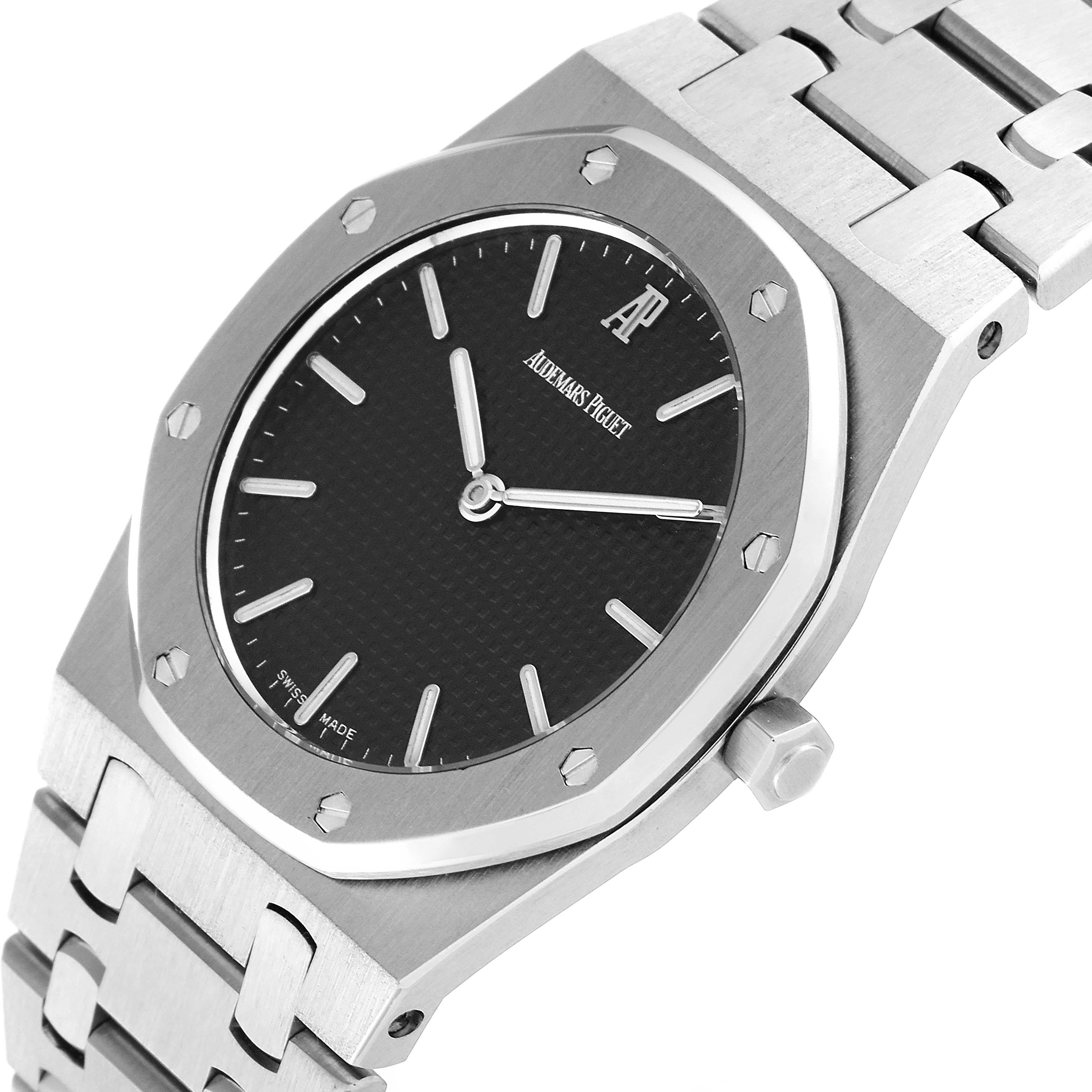 The image shows a close-up view of the Audemars Piguet Royal Oak 56303ST.OO.0789ST Men
s Stainless Steel Black Dial 56303ST.OO.0789ST Men
s Stainless Steel Black Dial watch, focusing on the face, bezel, and part of the bracelet.