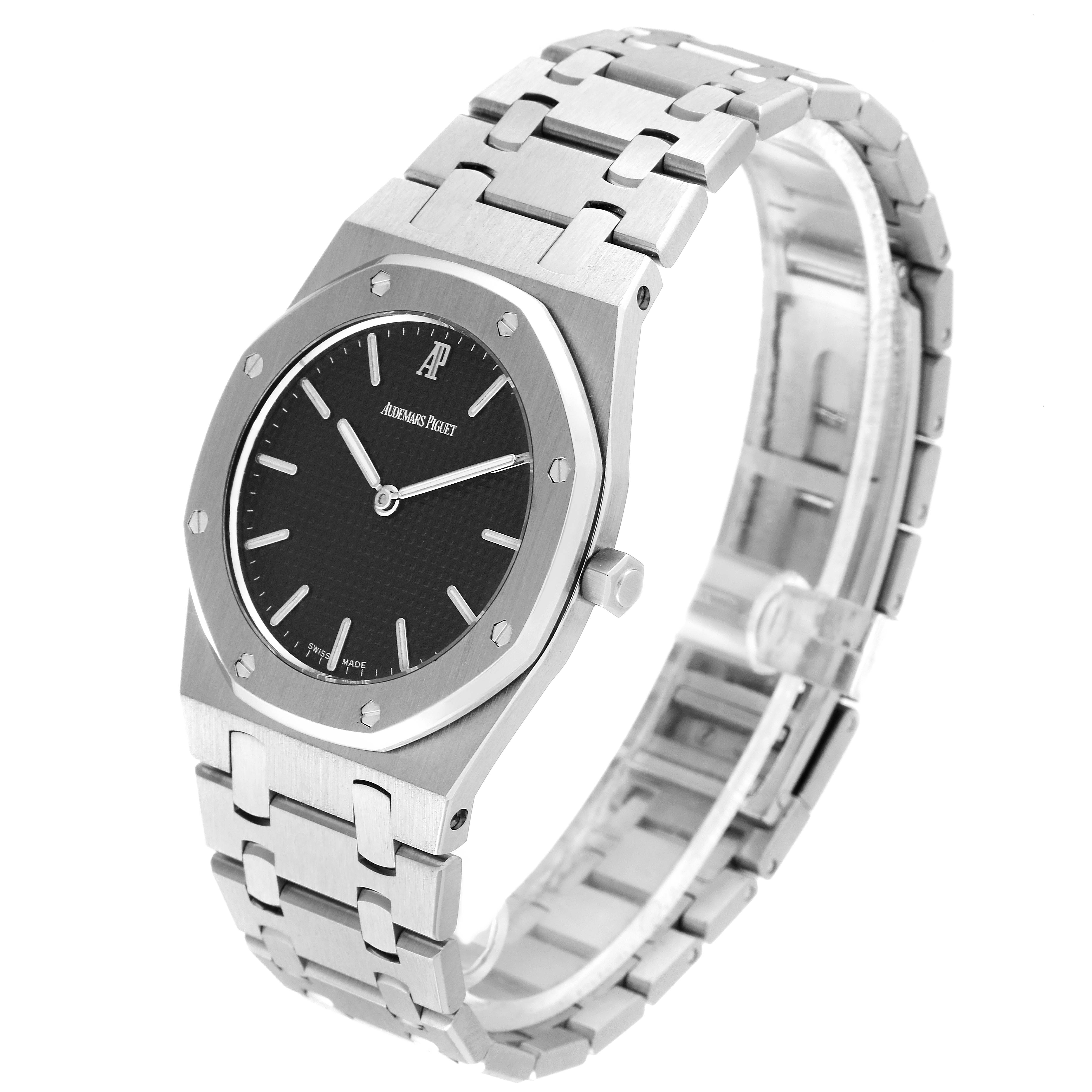 This Audemars Piguet Royal Oak 56303ST.OO.0789ST Men
s Stainless Steel Black Dial 56303ST.OO.0789ST Men
s Stainless Steel Black Dial watch is shown from an angled perspective, highlighting its face, bezel, crown, and bracelet.