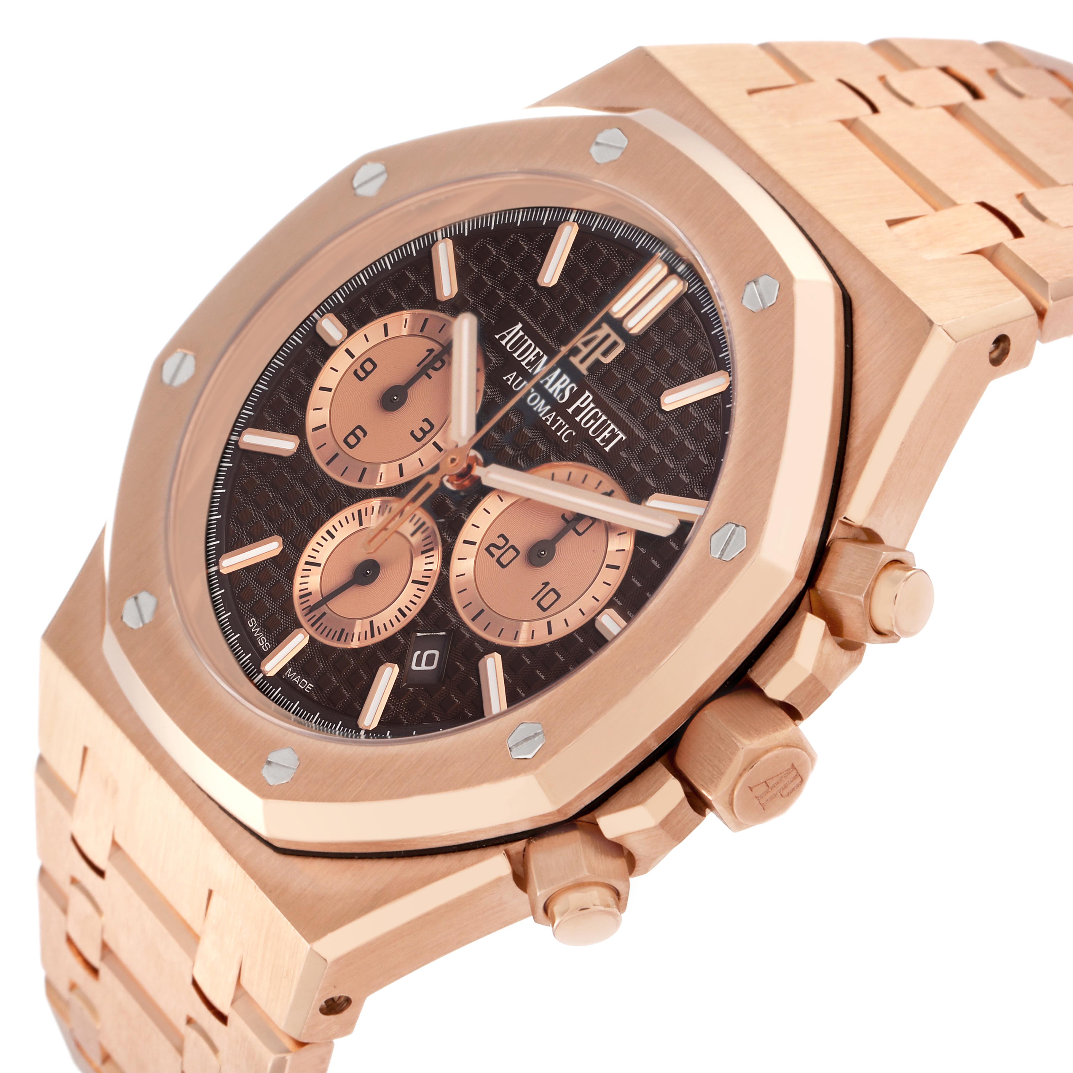 The Audemars Piguet Royal Oak 26331OR.OO.1220OR.02 Men's Rose Gold Brown Dial 26331OR.OO.1220OR.02 Men's Rose Gold Brown Dial watch is shown at an angled view, highlighting the bezel, dial, chronograph subdials, and bracelet.