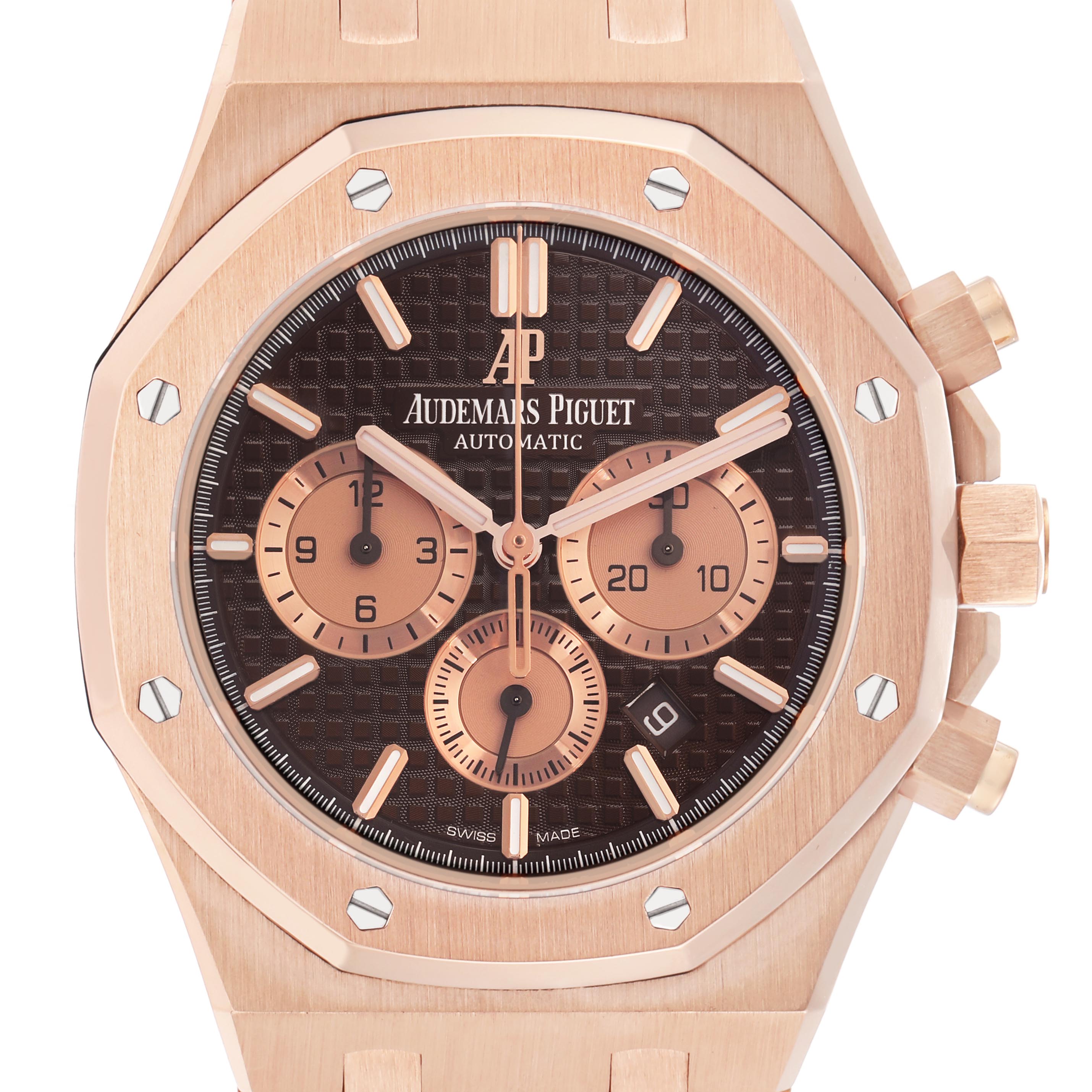 The image shows a front view of the Audemars Piguet Royal Oak 26331OR.OO.1220OR.02 Men's Rose Gold Brown Dial 26331OR.OO.1220OR.02 Men's Rose Gold Brown Dial watch, detailing its face, bezel, and side crown.