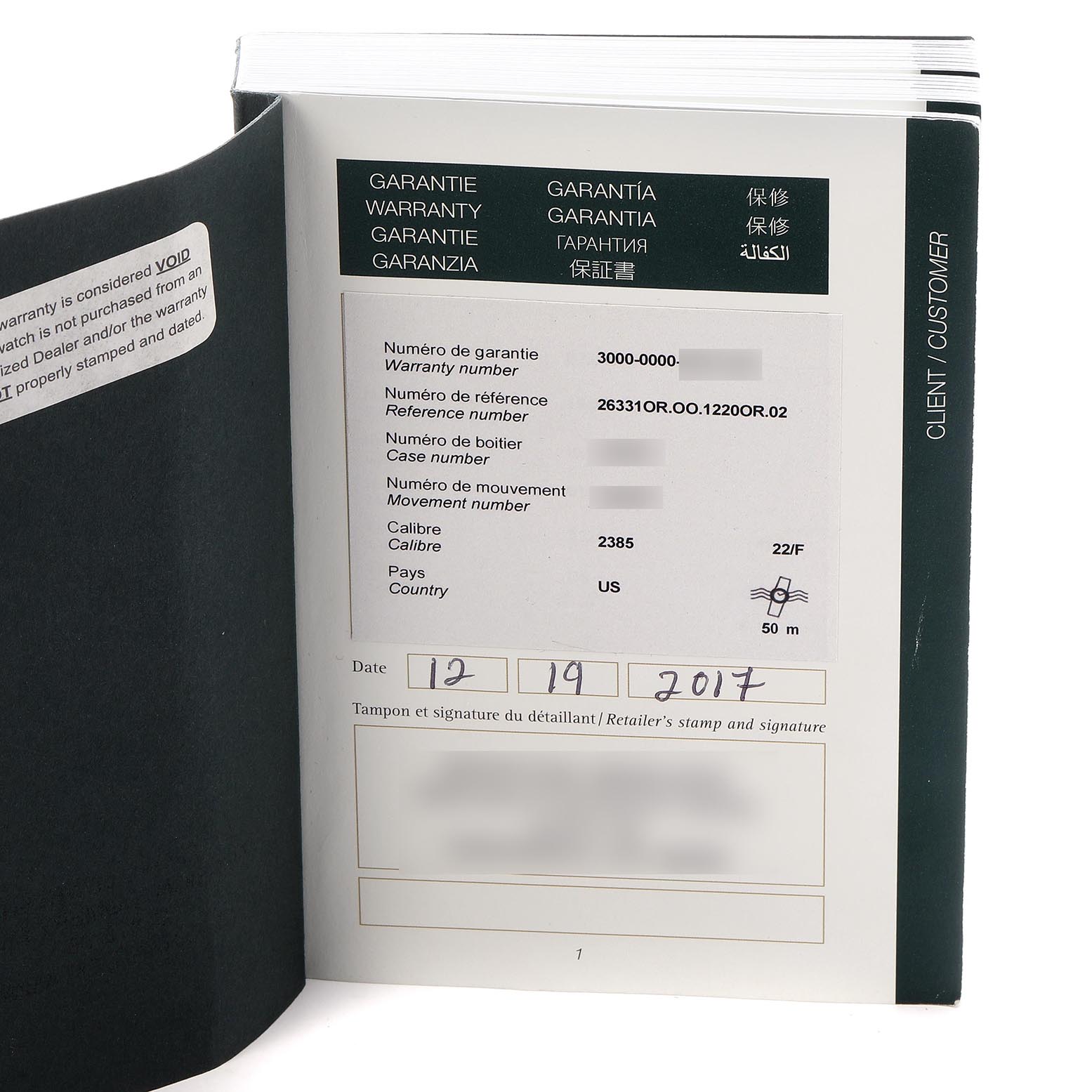 This image shows the open warranty booklet for an Audemars Piguet Royal Oak 26331OR.OO.1220OR.02 Men's Rose Gold Brown Dial 26331OR.OO.1220OR.02 Men's Rose Gold Brown Dial watch, displaying reference numbers and purchase details.