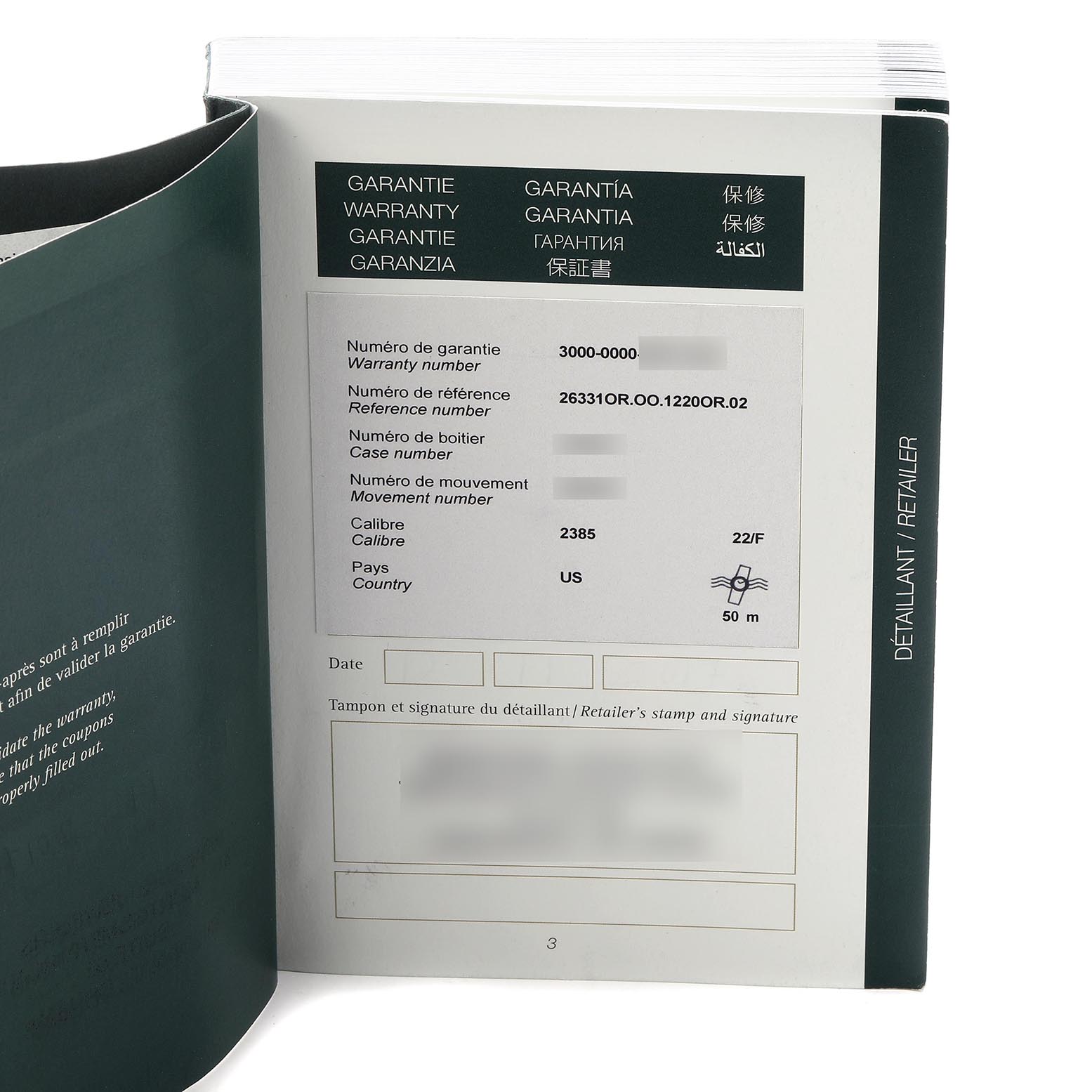 The image shows the warranty booklet for the Audemars Piguet Royal Oak 26331OR.OO.1220OR.02 Men's Rose Gold Brown Dial 26331OR.OO.1220OR.02 Men's Rose Gold Brown Dial watch, featuring warranty details and language translations.