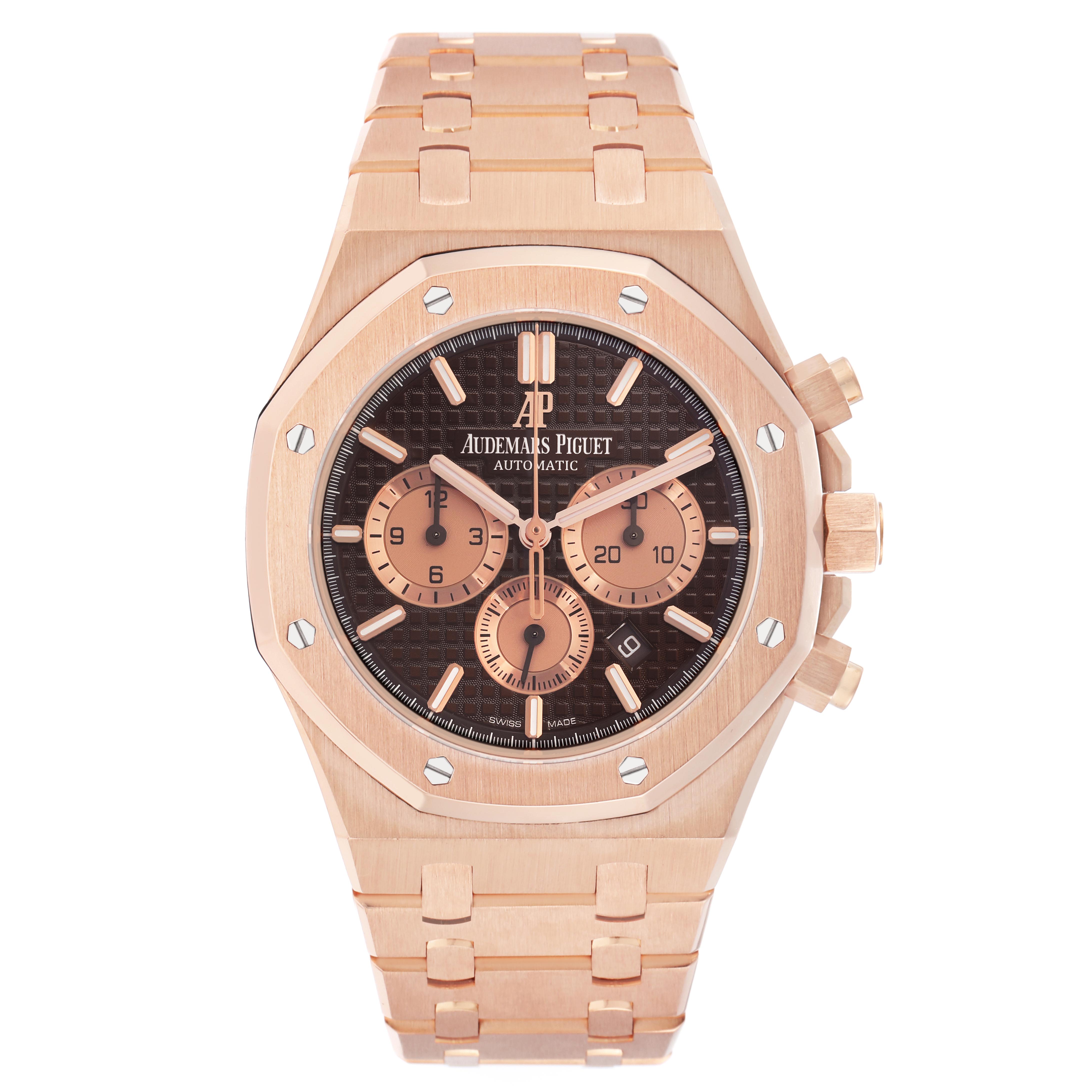The Audemars Piguet Royal Oak 26331OR.OO.1220OR.02 Men's Rose Gold Brown Dial 26331OR.OO.1220OR.02 Men's Rose Gold Brown Dial is shown from the front, displaying its octagonal bezel, dial, chronograph subdials, and bracelet.