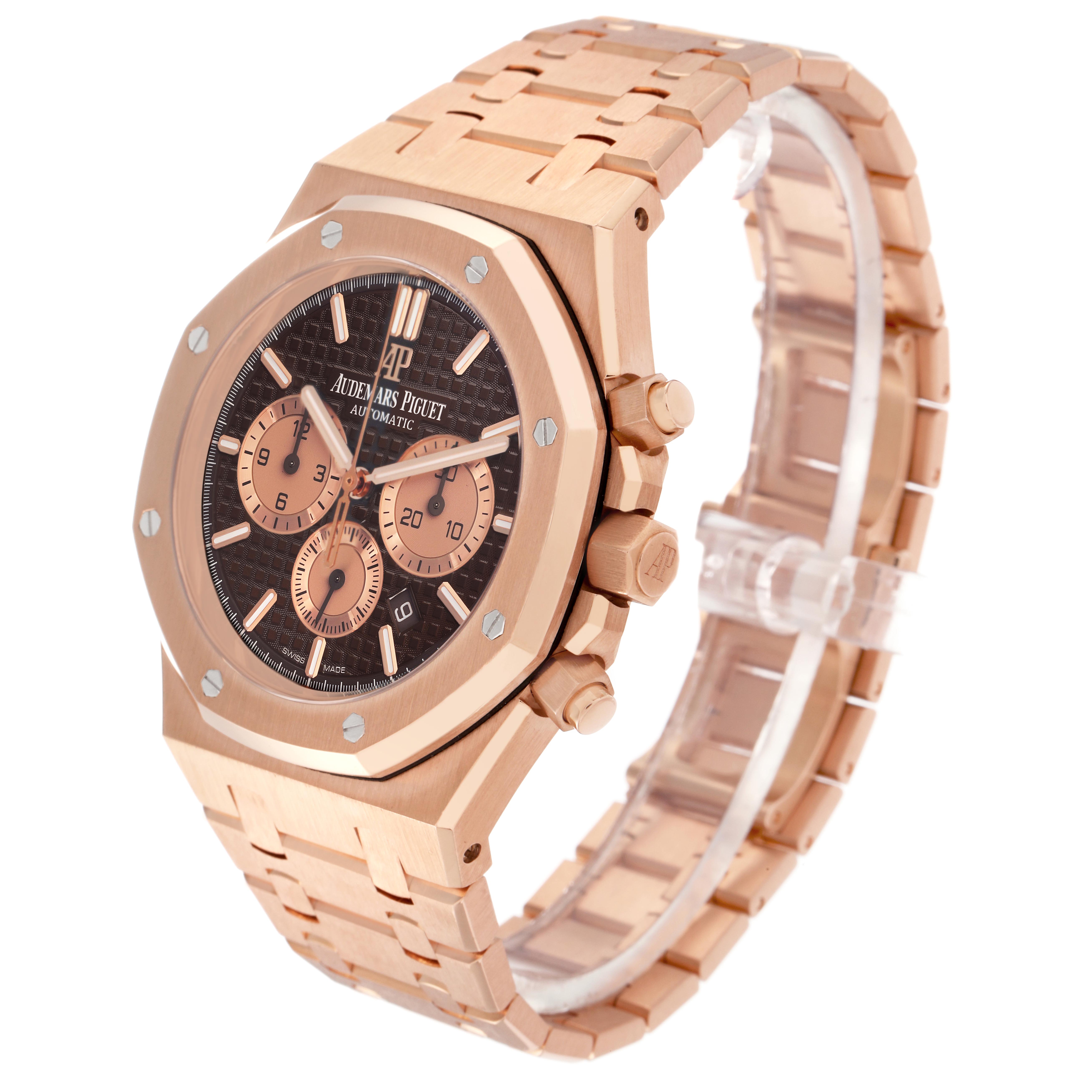The Royal Oak by Audemars Piguet is shown at a three-quarter angle highlighting the watch face, case, and bracelet.