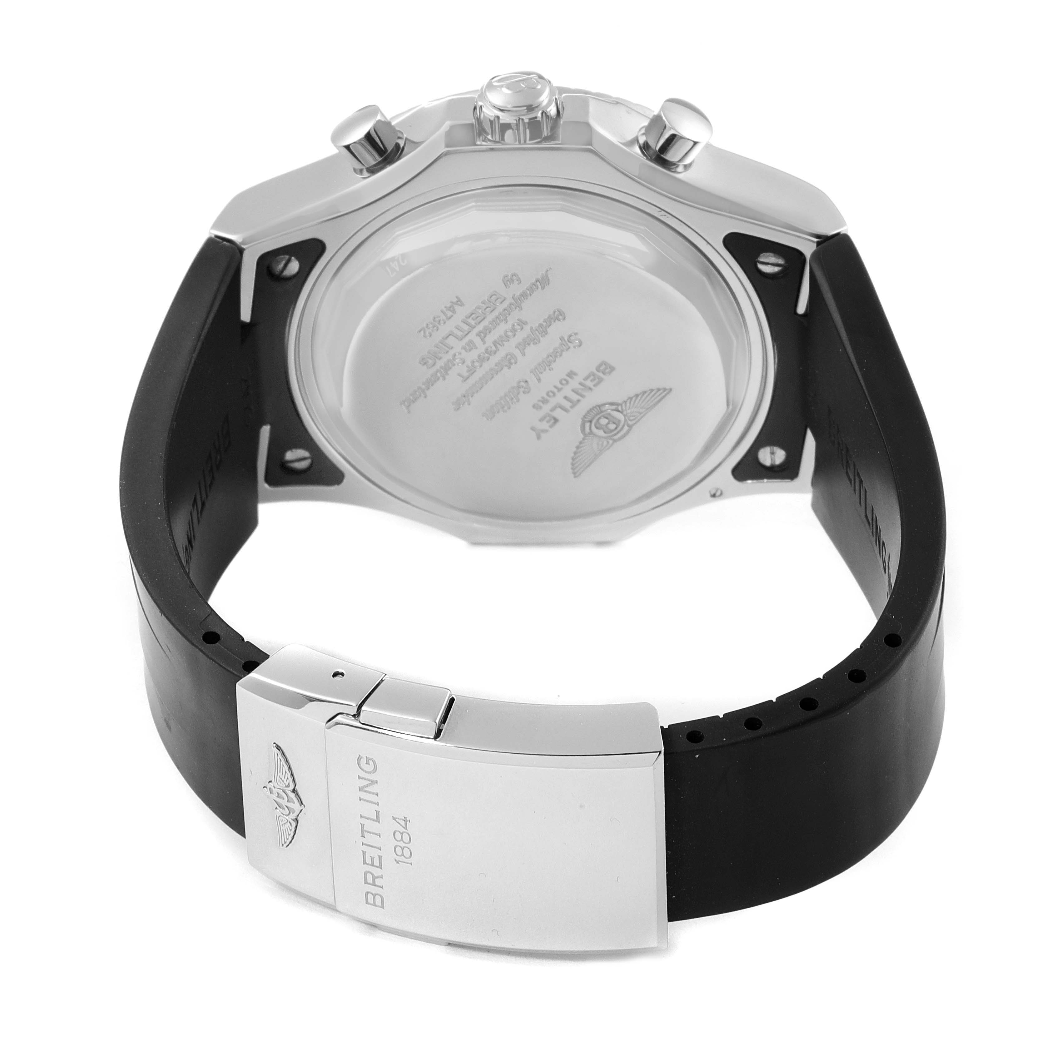 The image displays the back and clasp of a Breitling Bentley A47362 Men's Stainless Steel Silver Dial A47362 Men's Stainless Steel Silver Dial model watch at a rear angle.