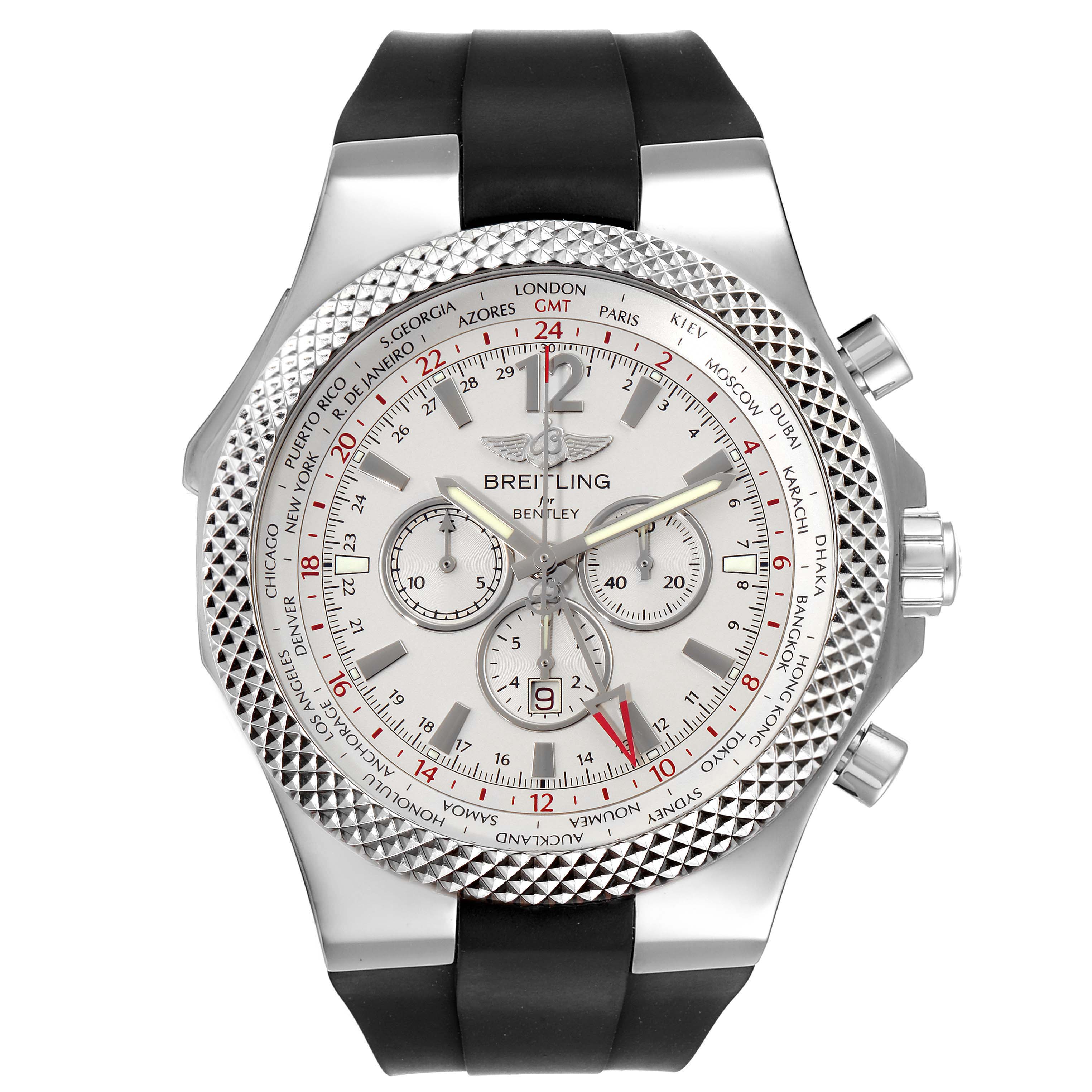 The image shows a frontal view of the Breitling Bentley A47362 Men's Stainless Steel Silver Dial A47362 Men's Stainless Steel Silver Dial watch, displaying its dial, bezel, and chronograph pushers.