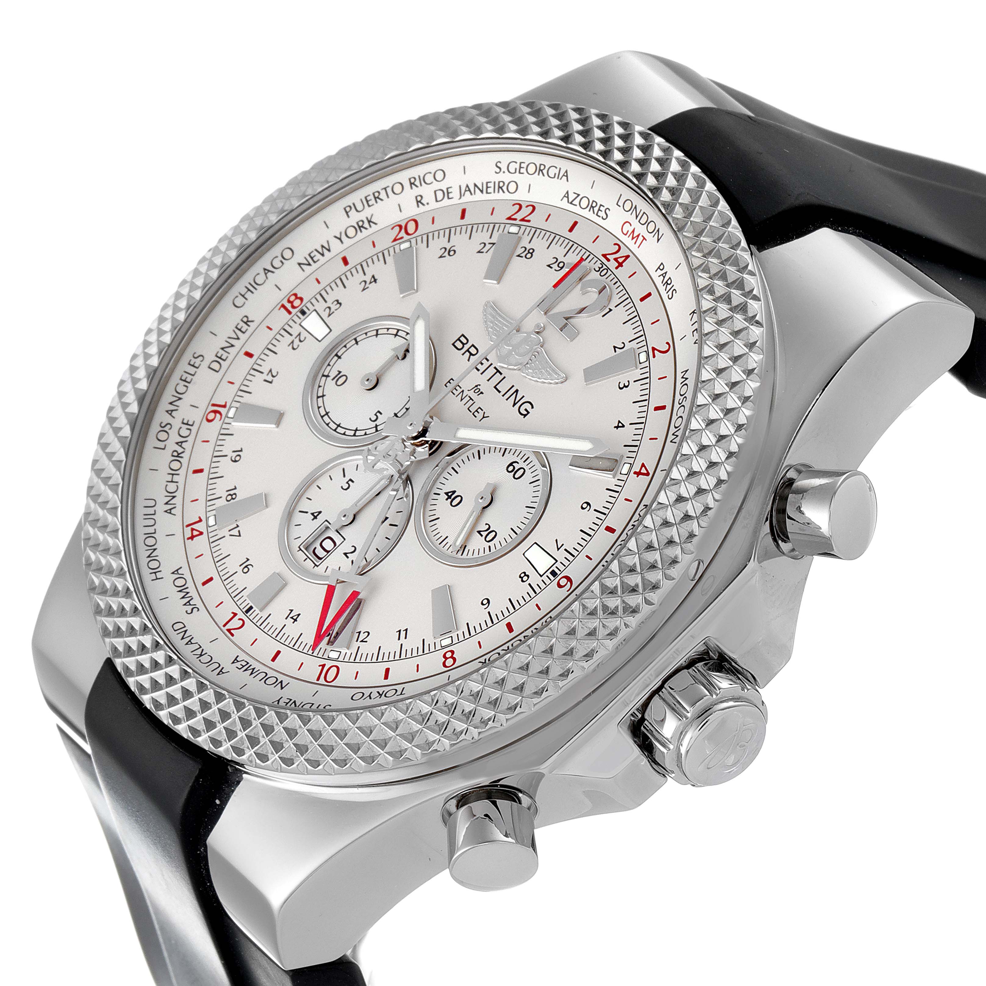 This image shows a side and angled front view of a Breitling Bentley A47362 Men's Stainless Steel Silver Dial A47362 Men's Stainless Steel Silver Dial watch, displaying its bezel, dial, and chronograph pushers.