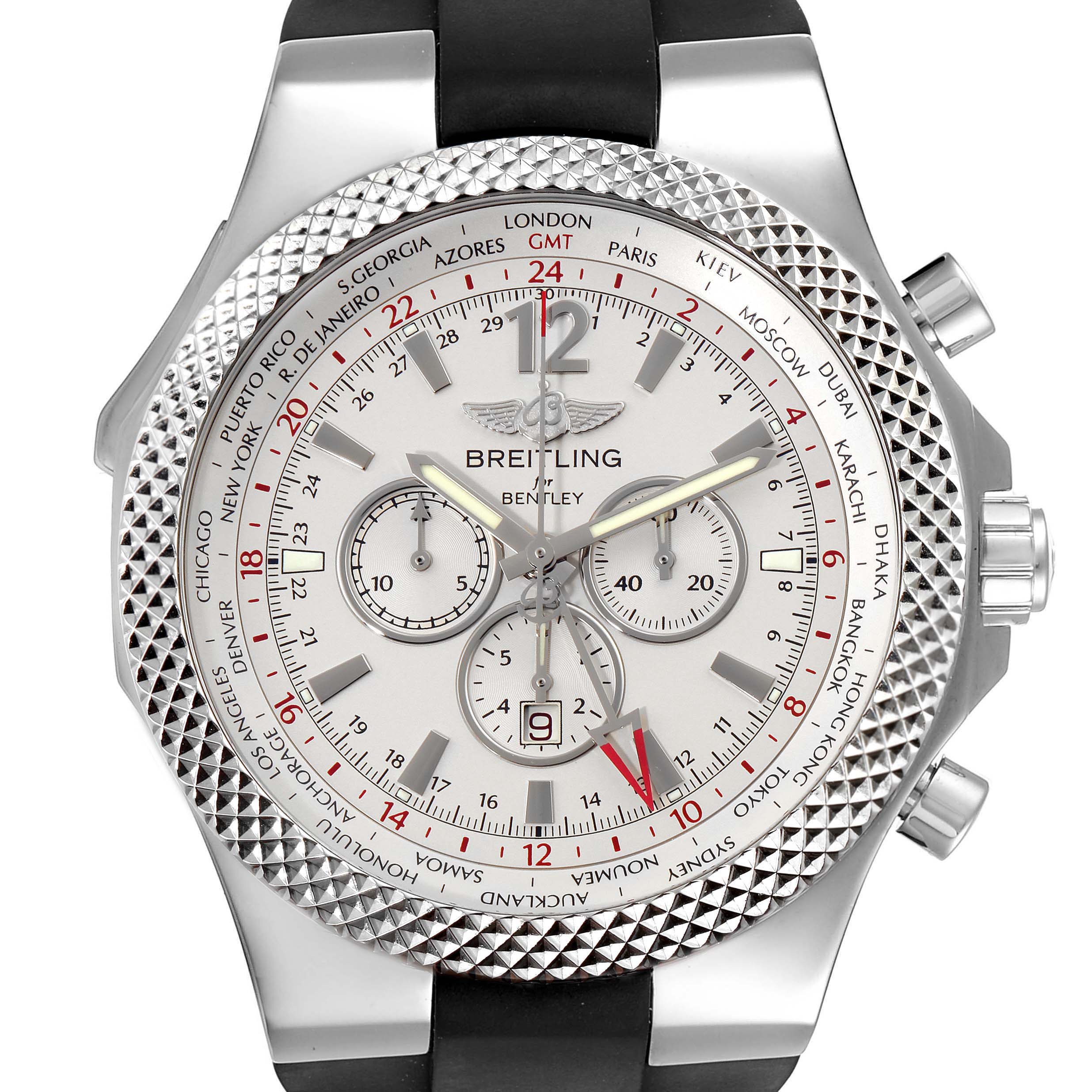 The image shows a front view of the Bentley model by Breitling, displaying the face, bezel, and part of the strap.