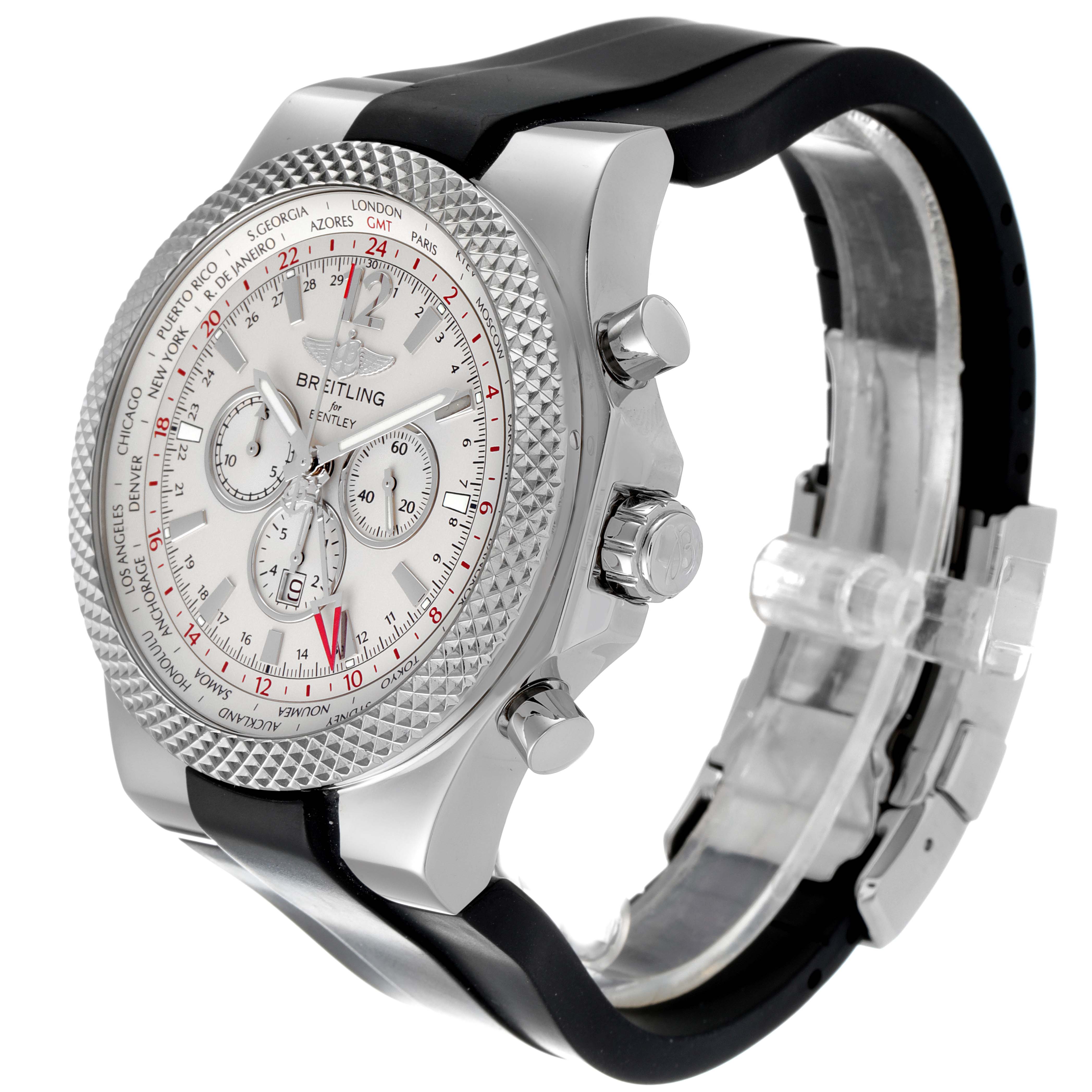 The image shows a Breitling Bentley A47362 Men's Stainless Steel Silver Dial A47362 Men's Stainless Steel Silver Dial watch from a front-left angle, highlighting the face, bezel, and part of the strap.