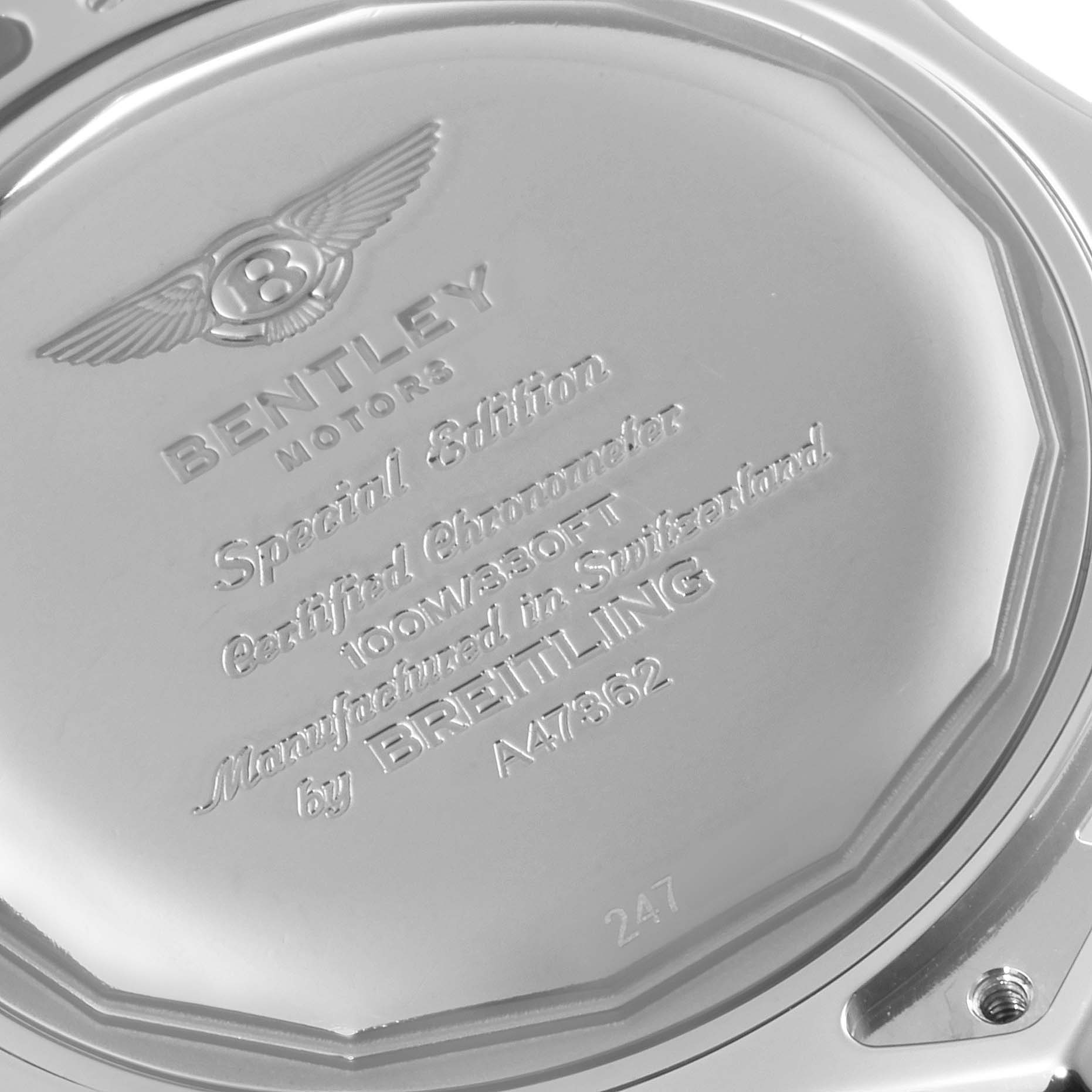 The image shows the stainless steel back case of the Bentley model by Breitling, highlighting brand engravings and specifications.