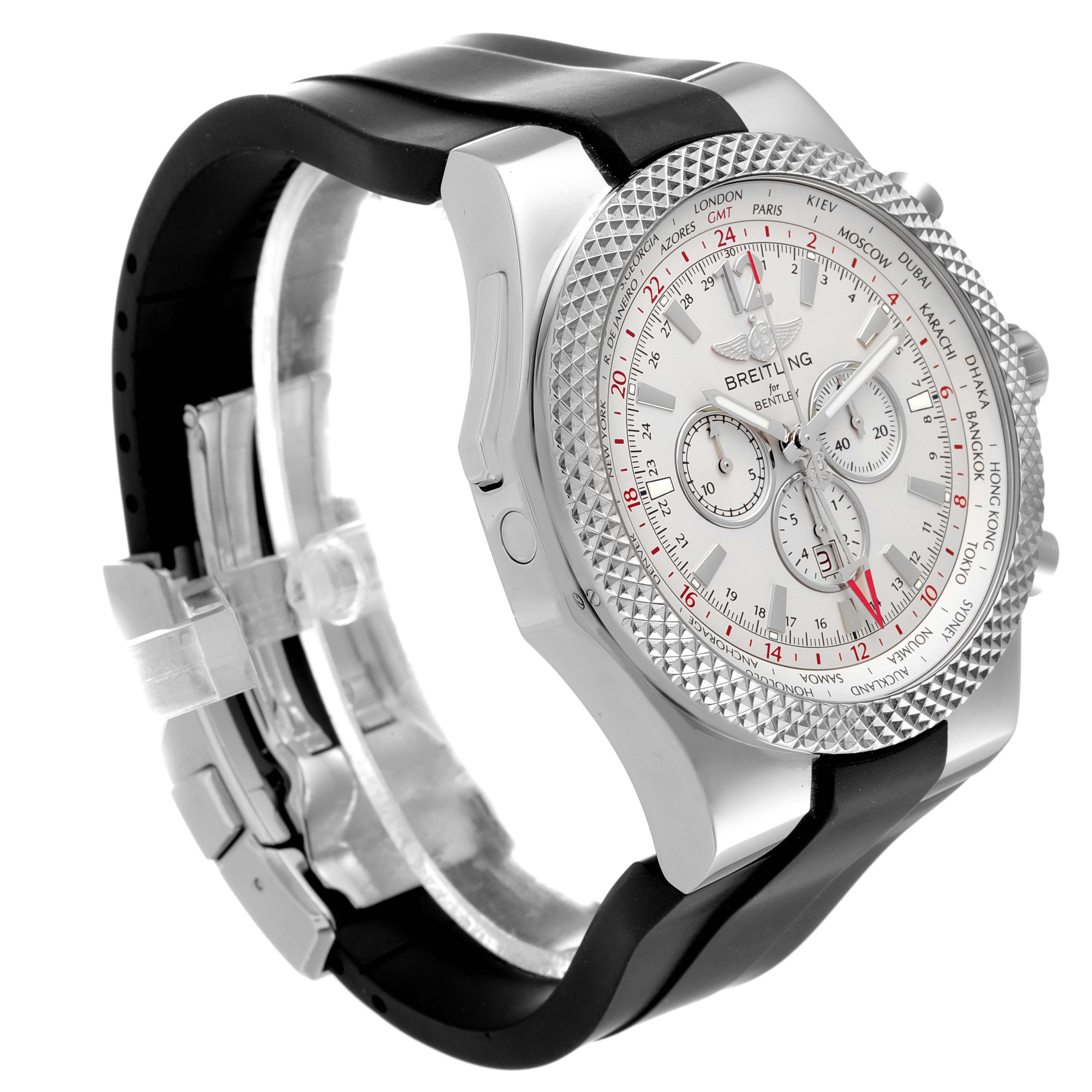 The Breitling Bentley A47362 Men's Stainless Steel Silver Dial A47362 Men's Stainless Steel Silver Dial model watch is shown from a front-side angle, highlighting the dial, bezel, and black strap.