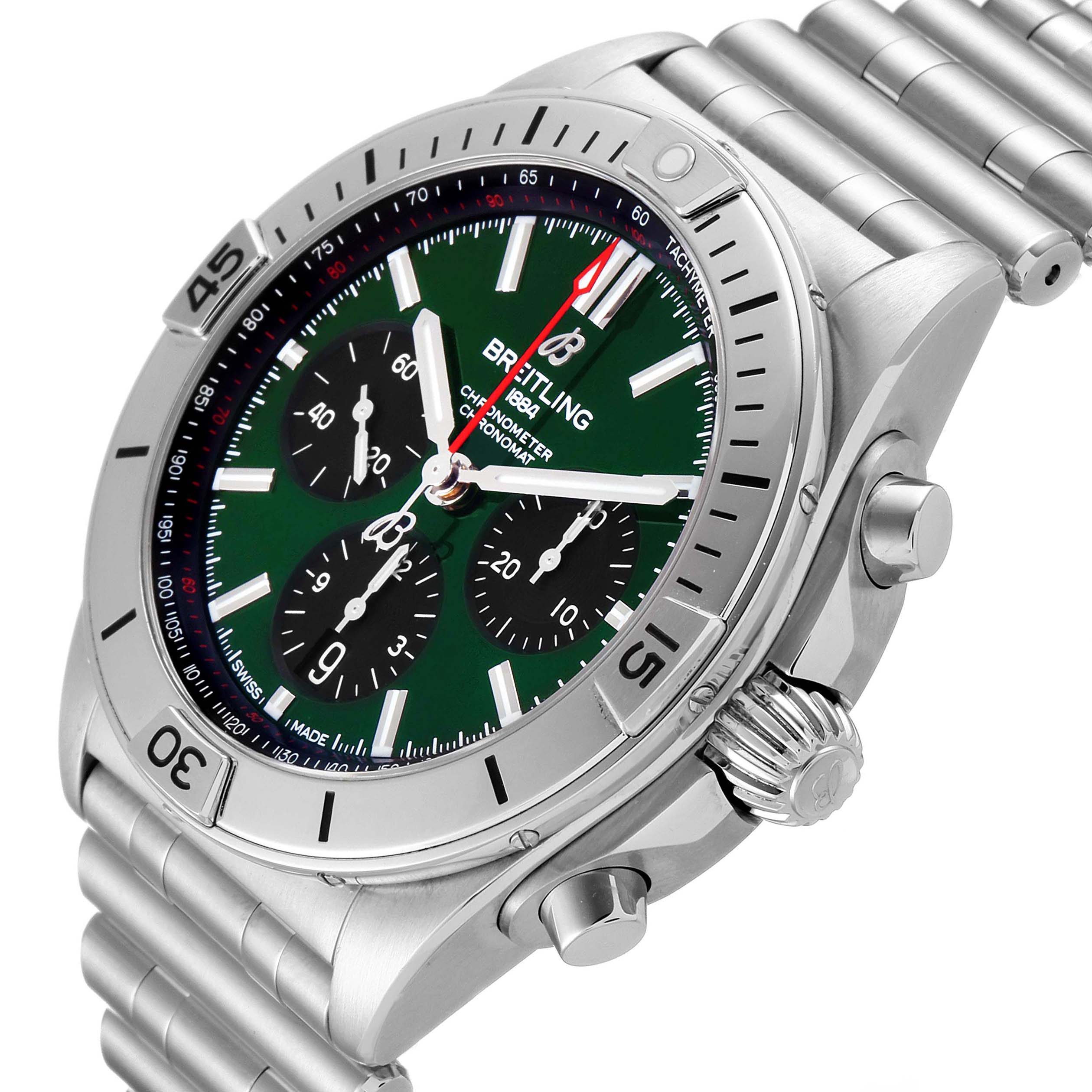 This image shows the Breitling Chronomat AB01343A1L1A1 Men
s Stainless Steel Green Dial AB01343A1L1A1 Men
s Stainless Steel Green Dial watch at an oblique angle, highlighting the bezel, crown, case, and bracelet.