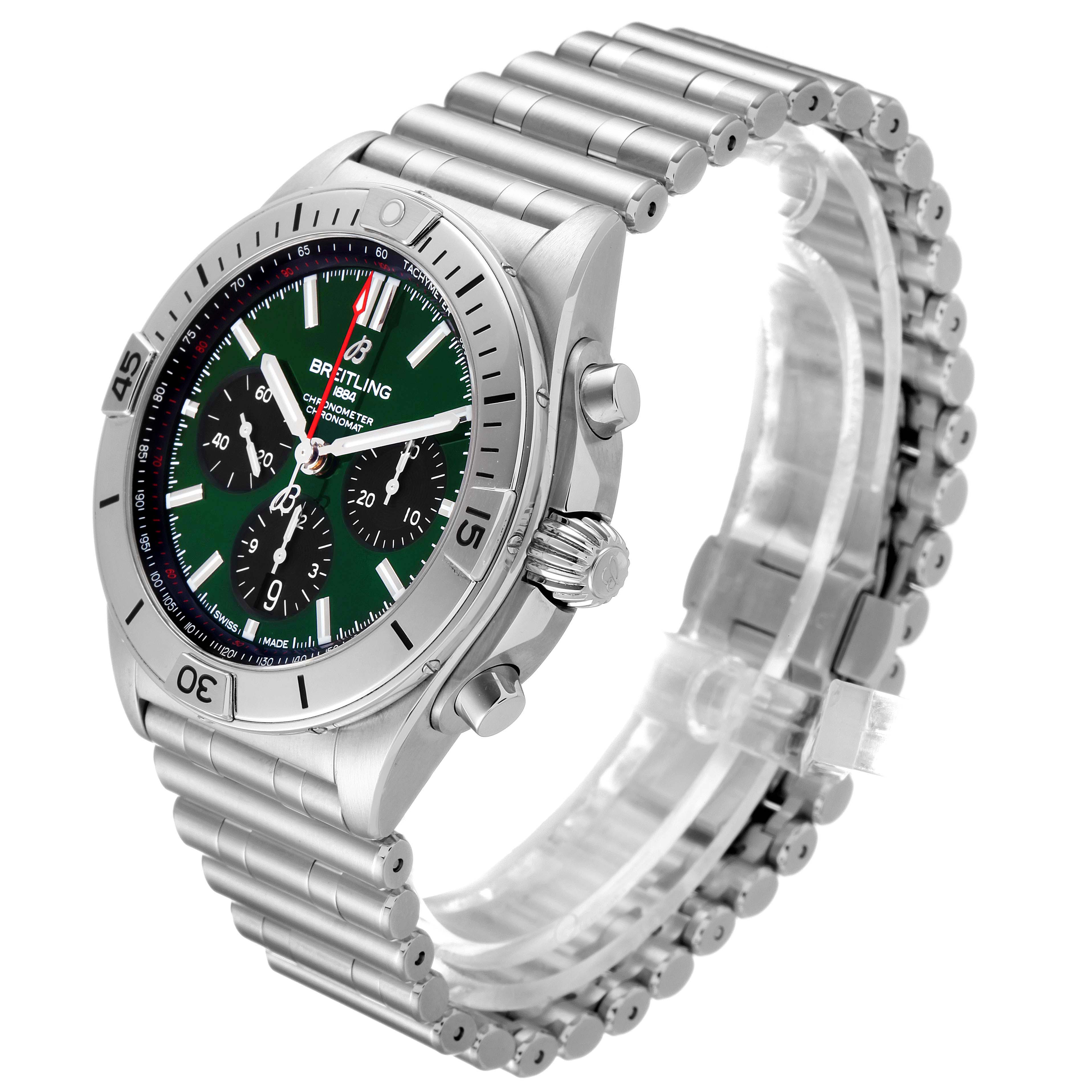 The image shows a side view of a Breitling Chronomat AB01343A1L1A1 Men
s Stainless Steel Green Dial AB01343A1L1A1 Men
s Stainless Steel Green Dial watch, highlighting its green dial, chronograph features, and metal bracelet.