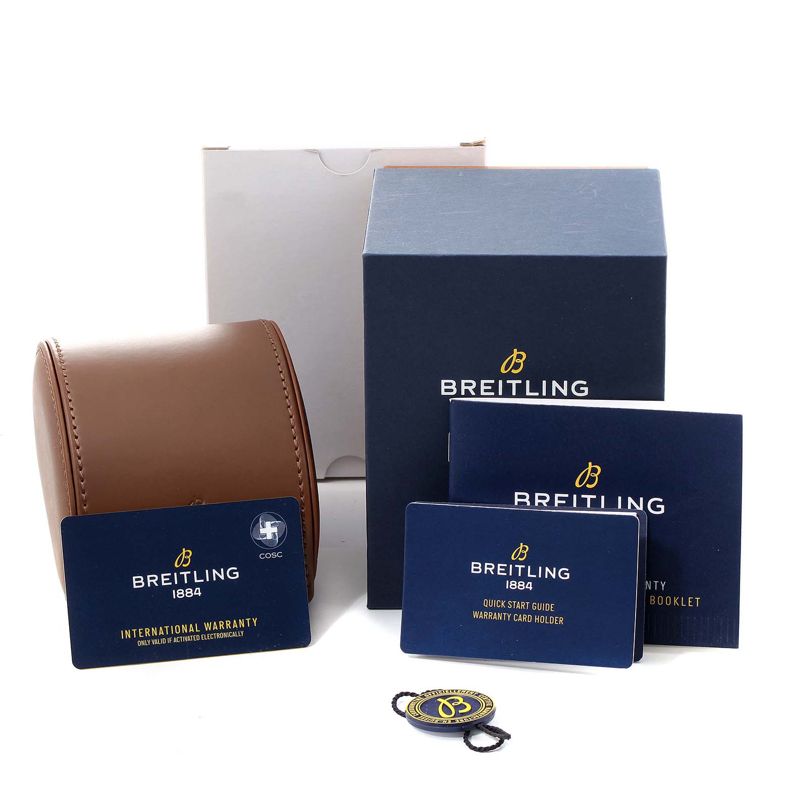 The image shows the Breitling Chronomat AB01343A1L1A1 Men
s Stainless Steel Green Dial AB01343A1L1A1 Men
s Stainless Steel Green Dial packaging, including a brown leather case, warranty cards, and instruction booklets.