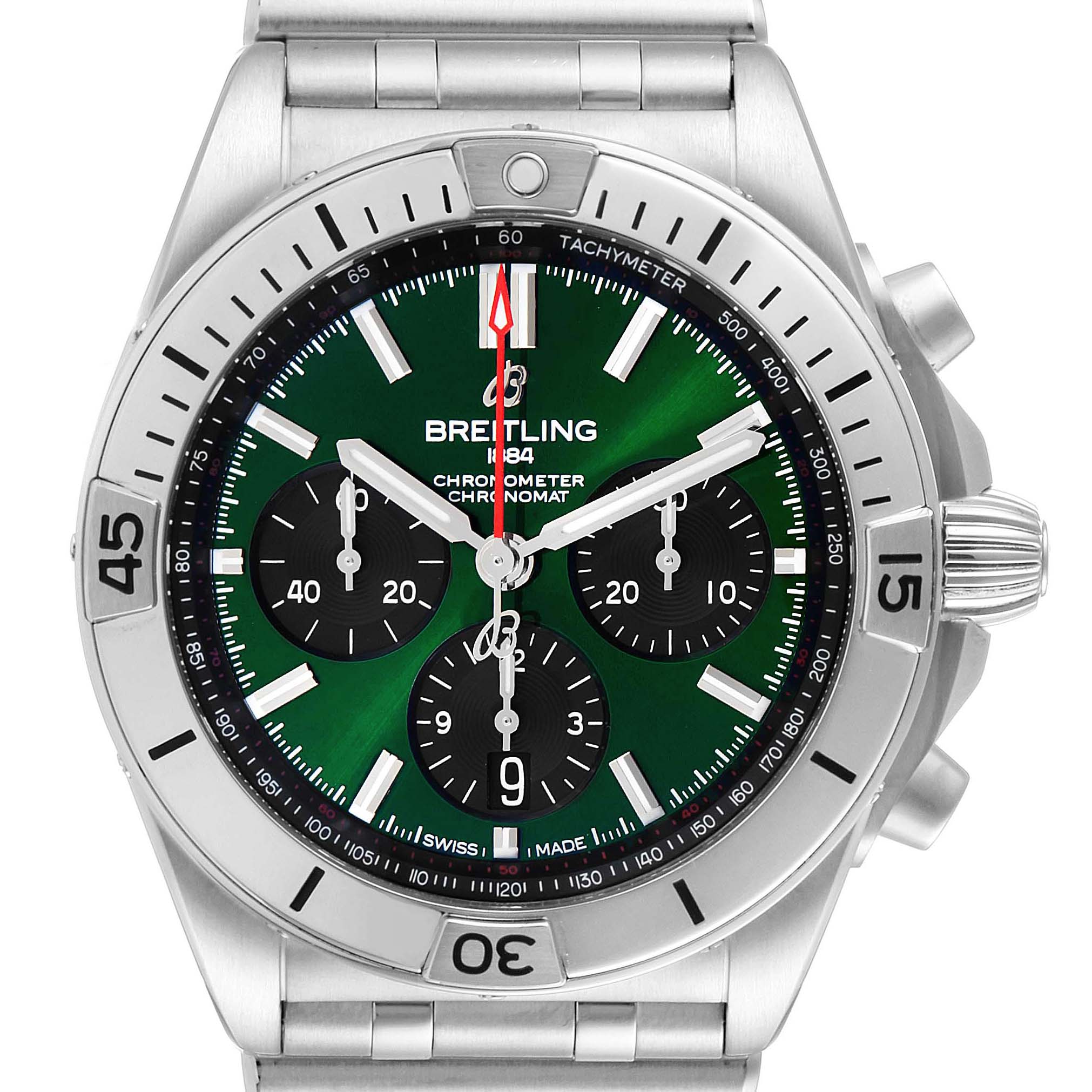 The image shows a front angle of a Breitling Chronomat AB01343A1L1A1 Men
s Stainless Steel Green Dial AB01343A1L1A1 Men
s Stainless Steel Green Dial watch, highlighting its green dial, chronograph sub-dials, and stainless steel bracelet.